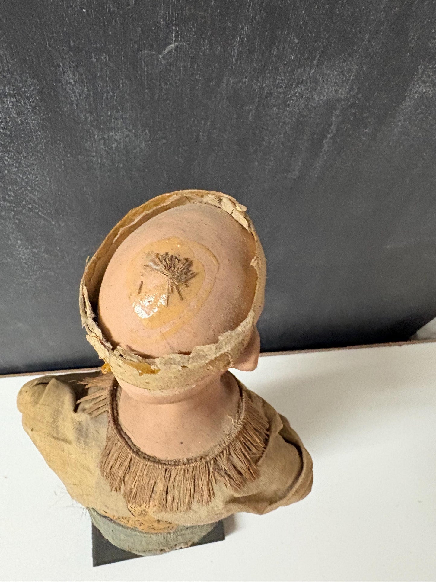 Stunning Chinese  18th century porcelain newspaper, straw and cloth statue of a man on wood stand  wow - 15 inches tall