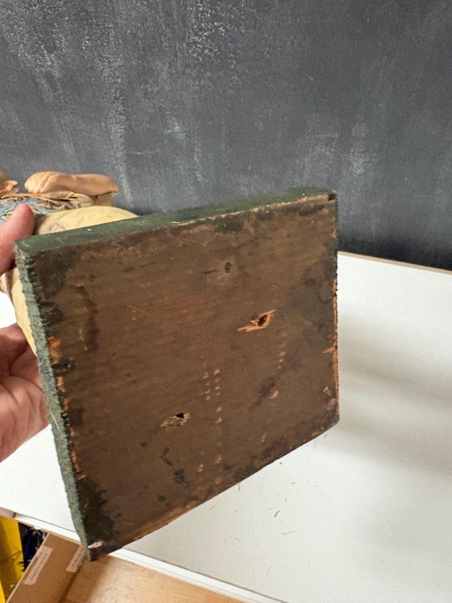 Stunning Chinese  18th century porcelain newspaper, straw and cloth statue of a man on wood stand  wow - 15 inches tall