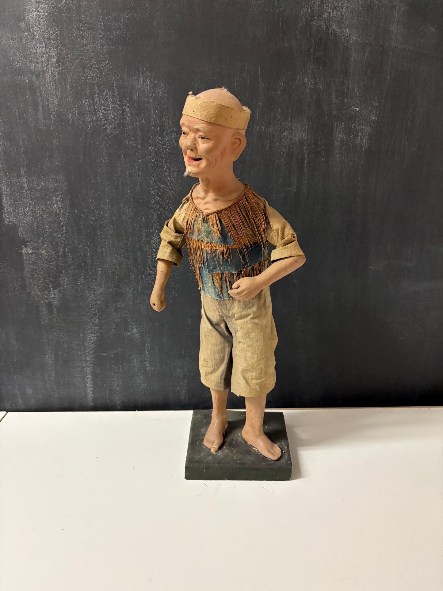 Stunning Chinese  18th century porcelain newspaper, straw and cloth statue of a man on wood stand  wow - 15 inches tall