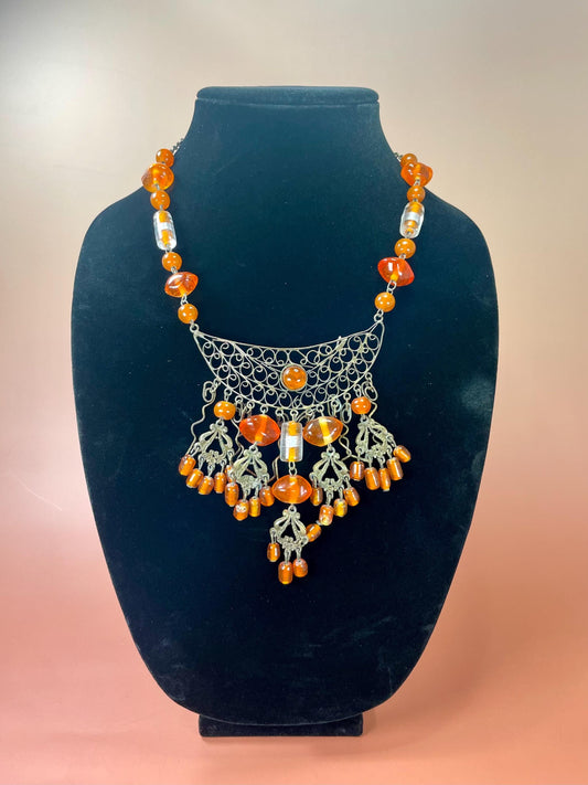 Cute Boho Vintage Statement Necklace  Metal and Amber