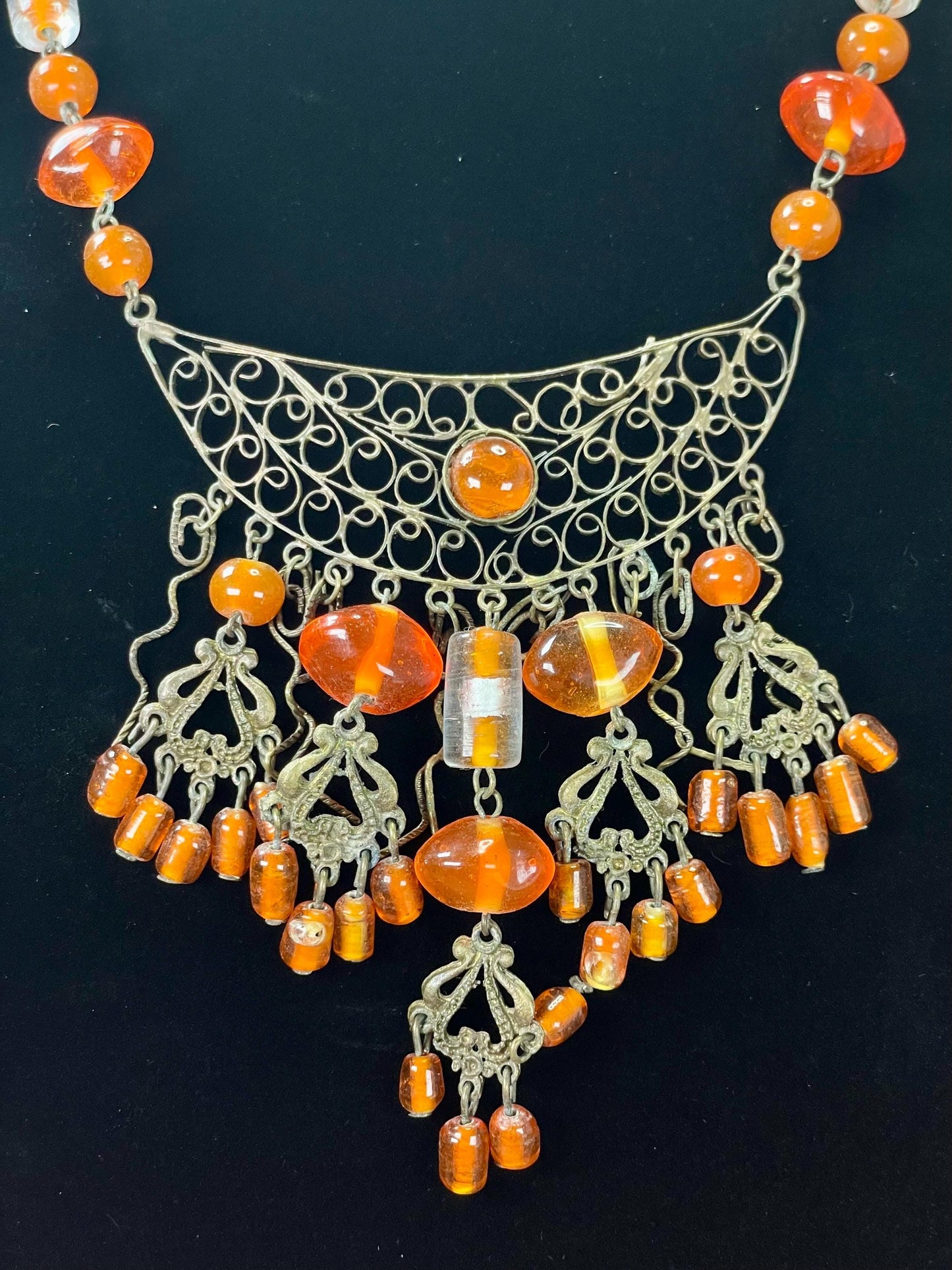 Cute Boho Vintage Statement Necklace  Metal and Amber