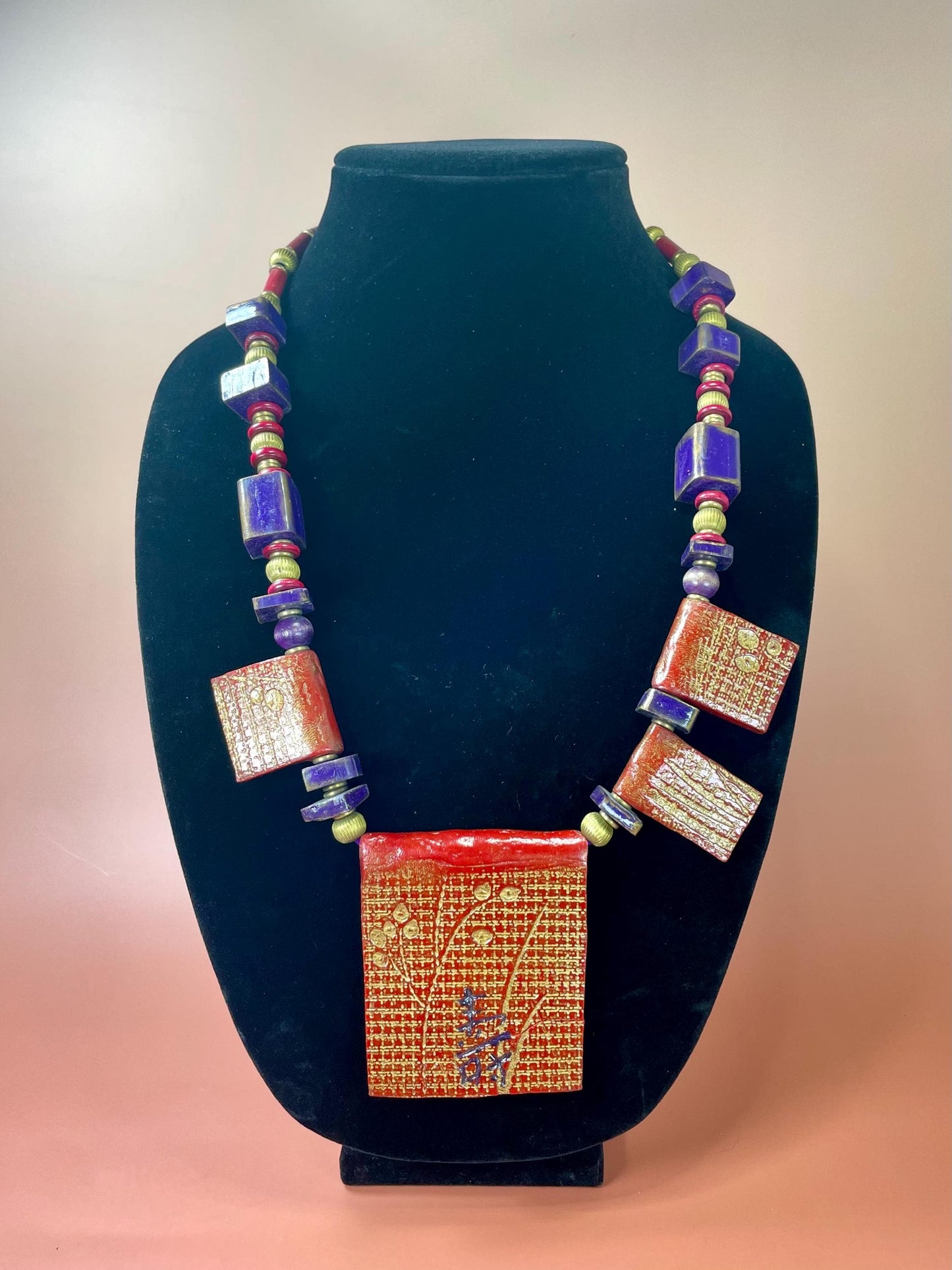 Japanese Signed MCM Wood Lacquer and Bead necklace  cool gift, great value