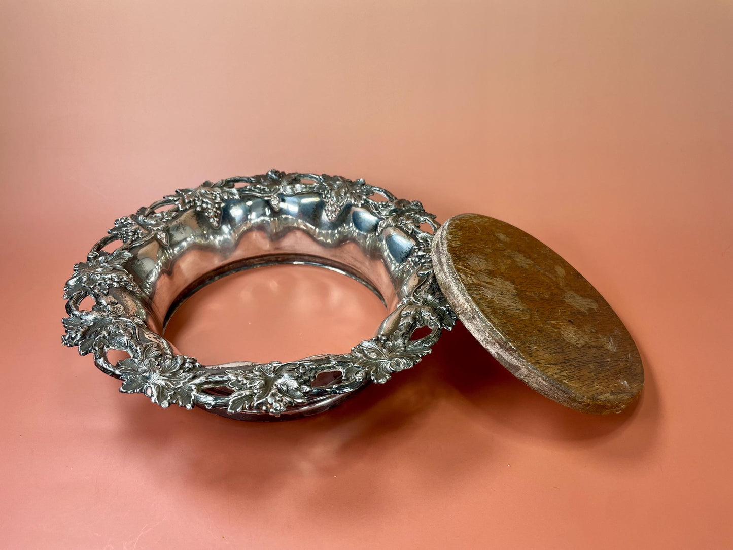 English Silver-Plated Wine Coaster with Ornate Grapevine Design