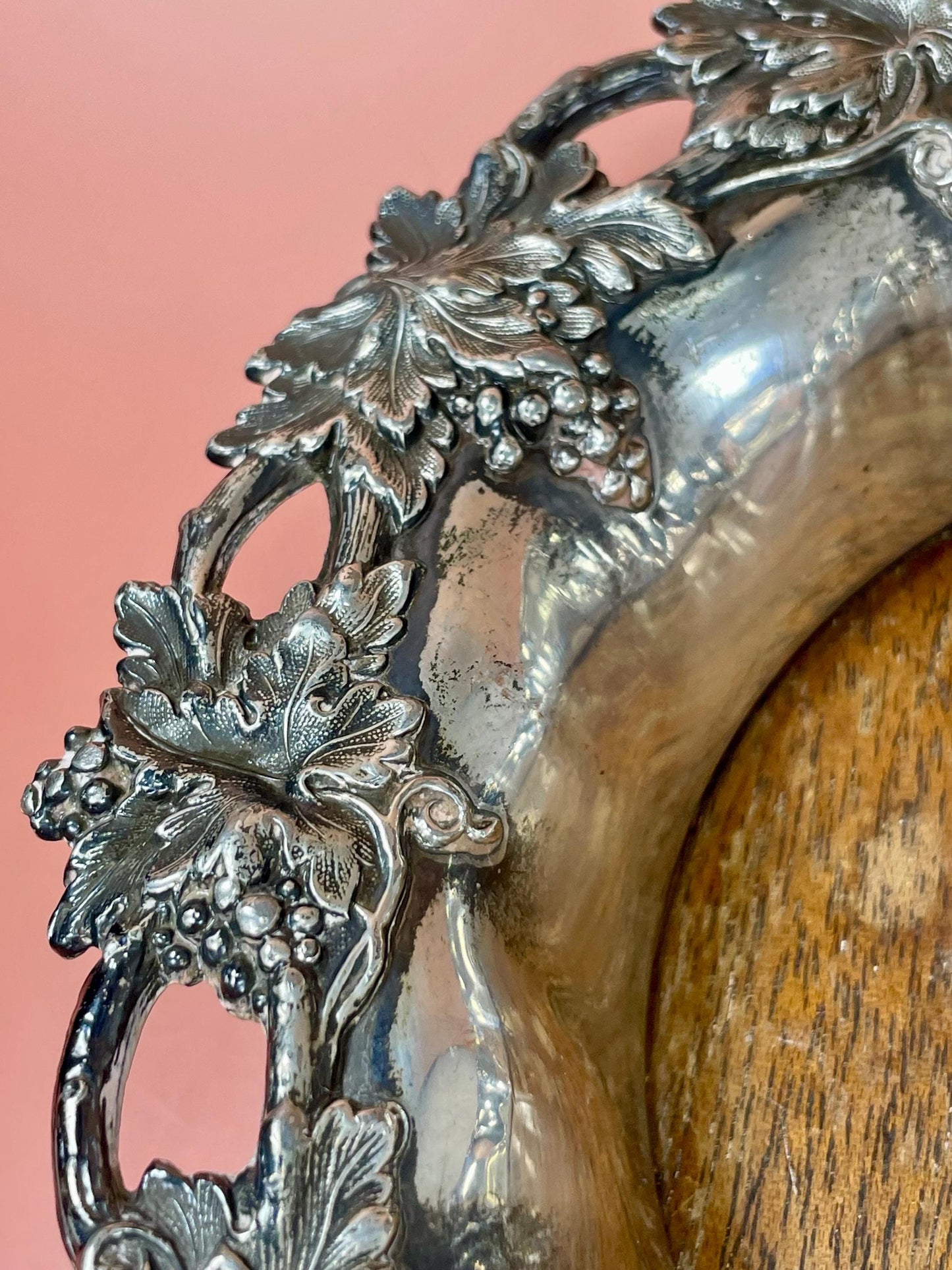 English Silver-Plated Wine Coaster with Ornate Grapevine Design