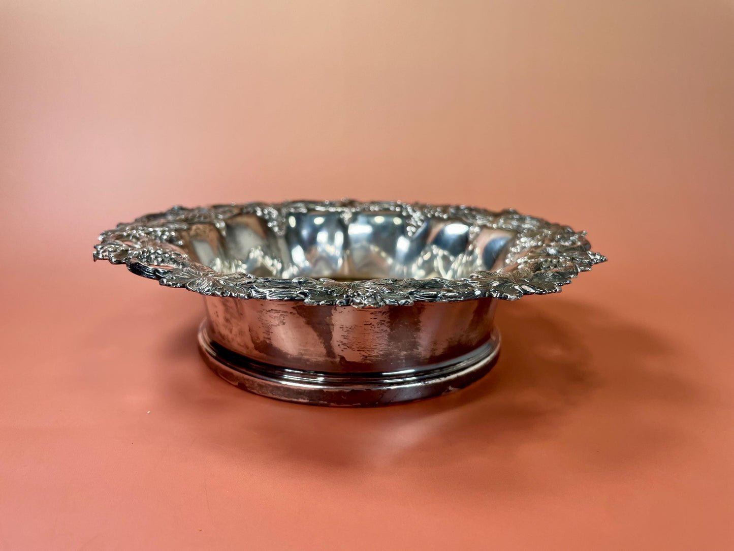 English Silver-Plated Wine Coaster with Ornate Grapevine Design