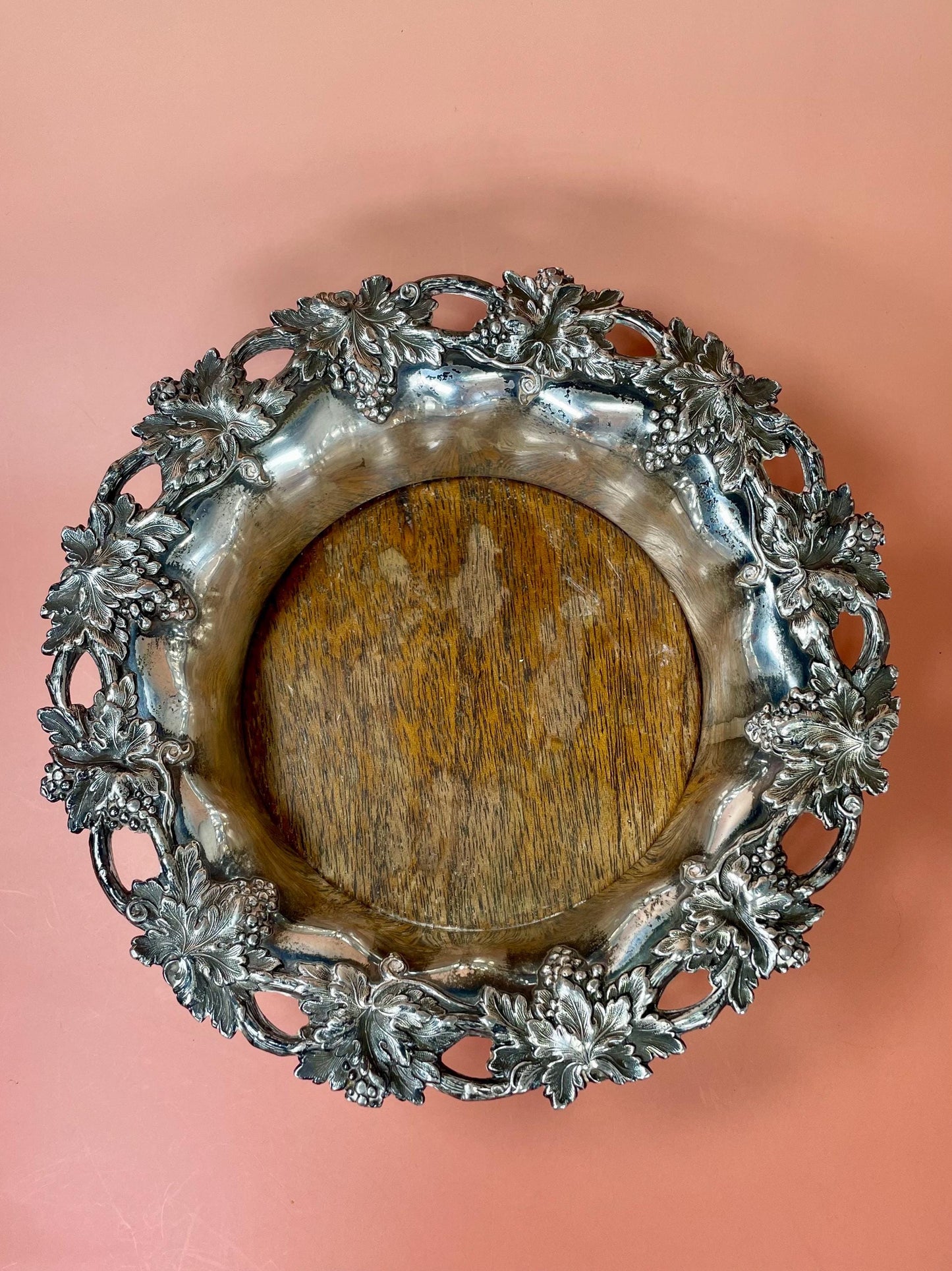 English Silver-Plated Wine Coaster with Ornate Grapevine Design