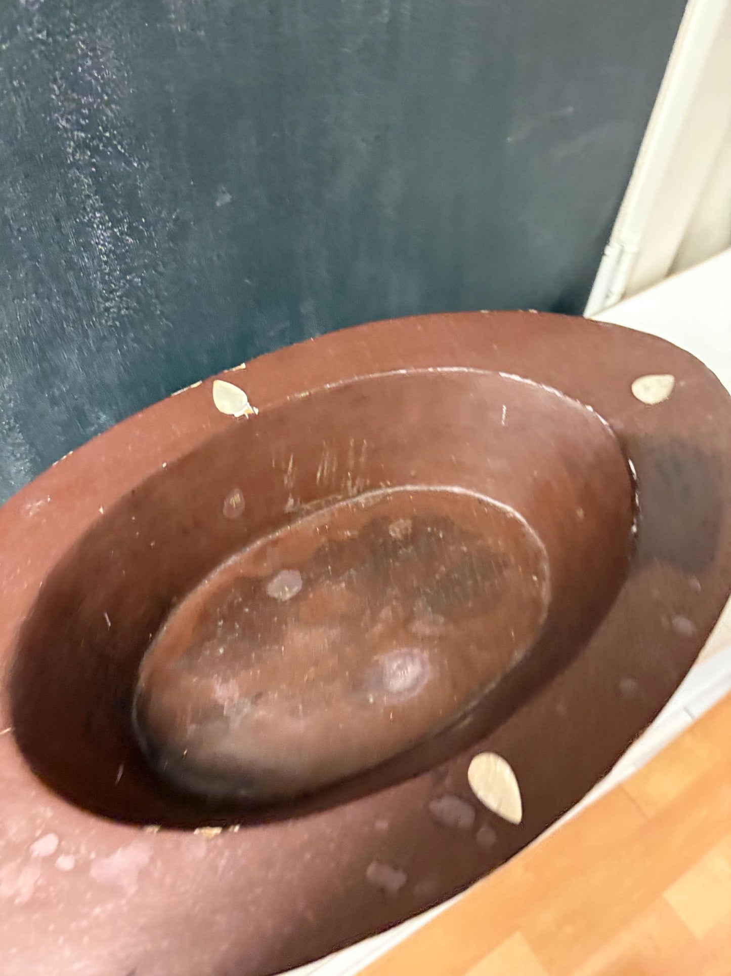 Antique heavy wooden Bowl with abalone inlay - 20 x 12 x 6 high  mystery origin - great decoration, or to use