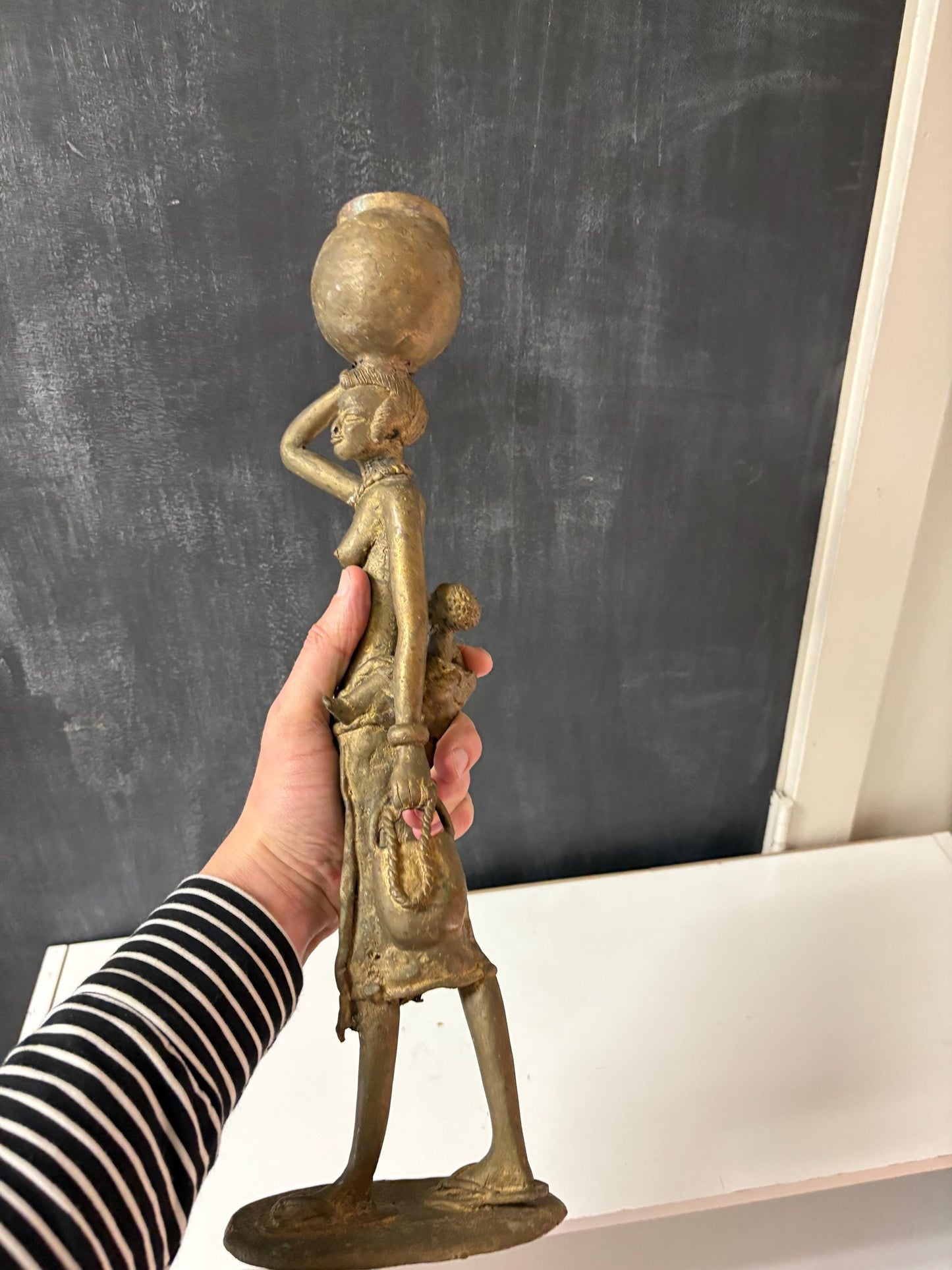 Antique 18 inch tall African ashanti bronze statue of a woman with child - great detail and quality  from a major collection  wow