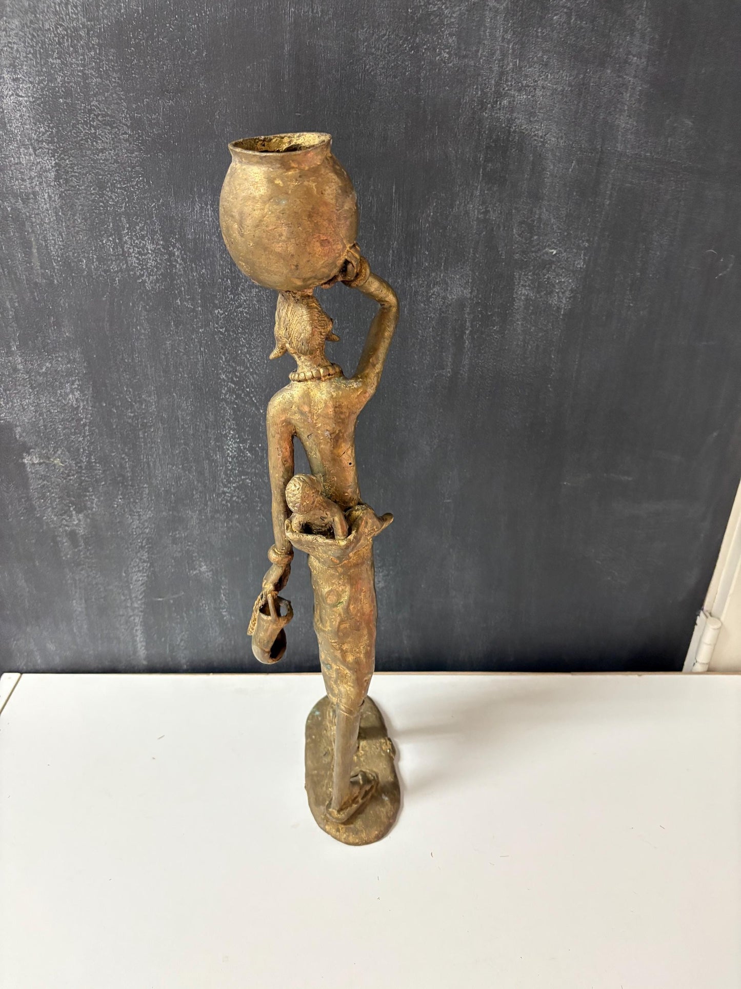 Antique 18 inch tall African ashanti bronze statue of a woman with child - great detail and quality  from a major collection  wow