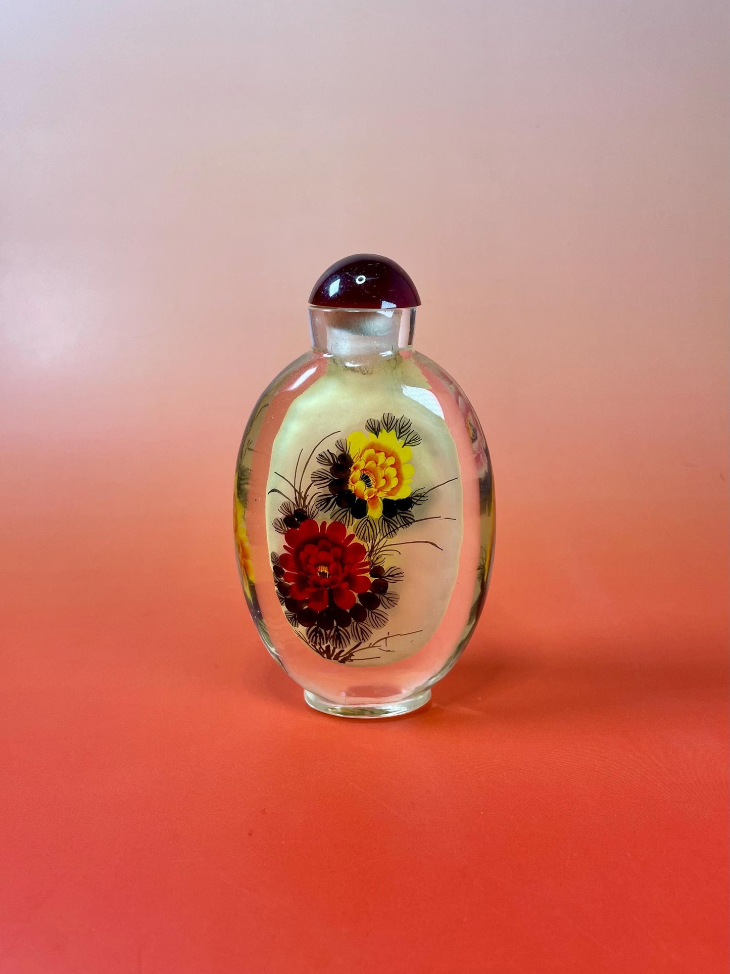 Painted Inside Snuff Bottle - 4.75 Inches - Intricate Flower Design