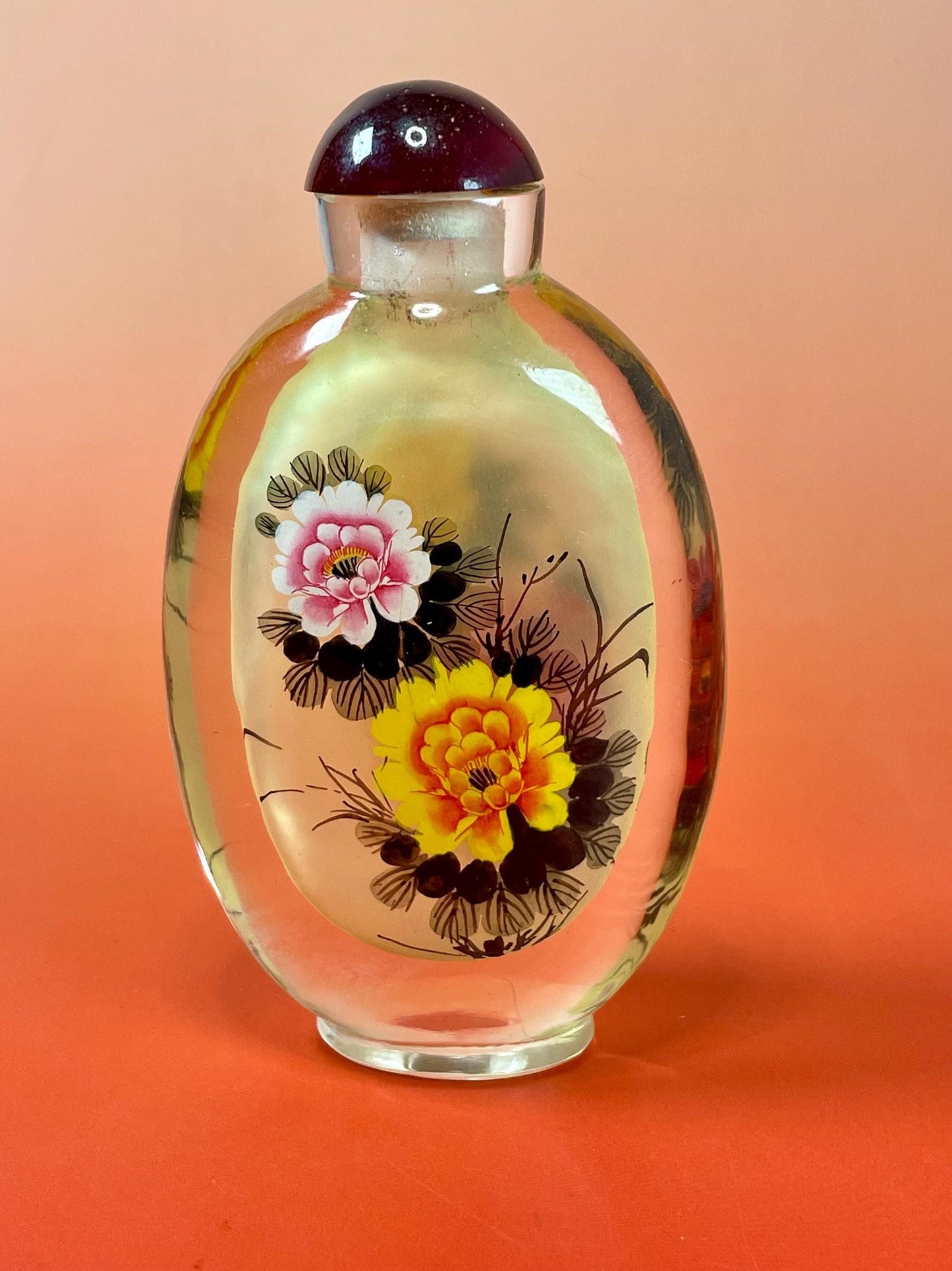Painted Inside Snuff Bottle - 4.75 Inches - Intricate Flower Design