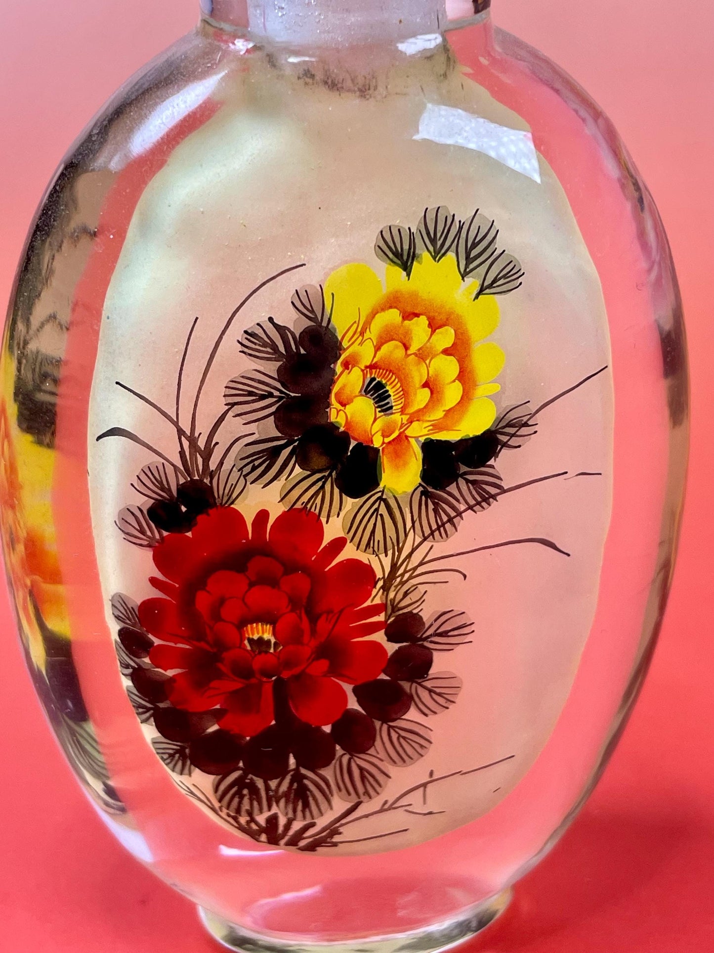Painted Inside Snuff Bottle - 4.75 Inches - Intricate Flower Design