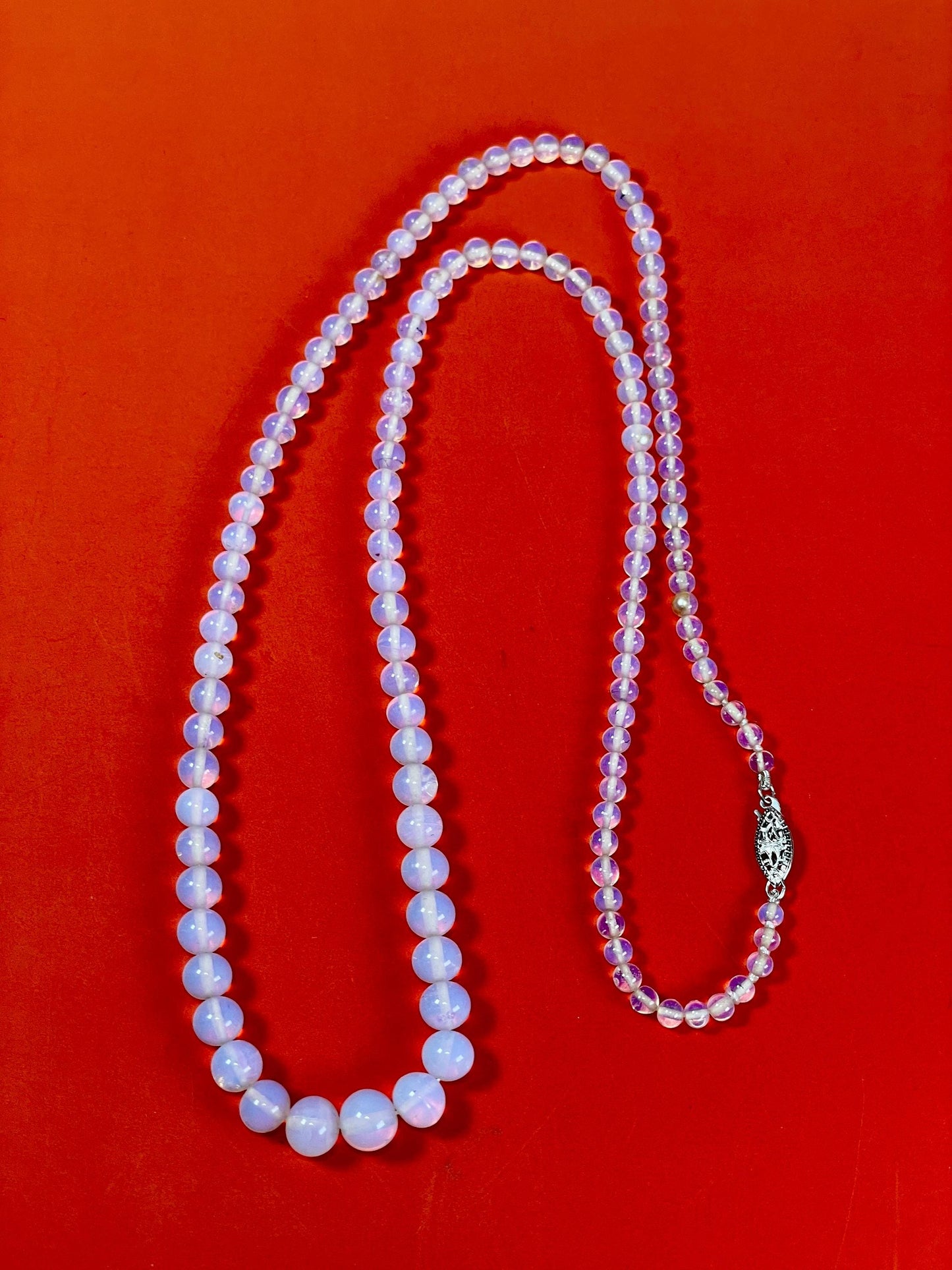 Silver Clasp 24 inch Restrung Opalescent Glass Beaded Necklace - B