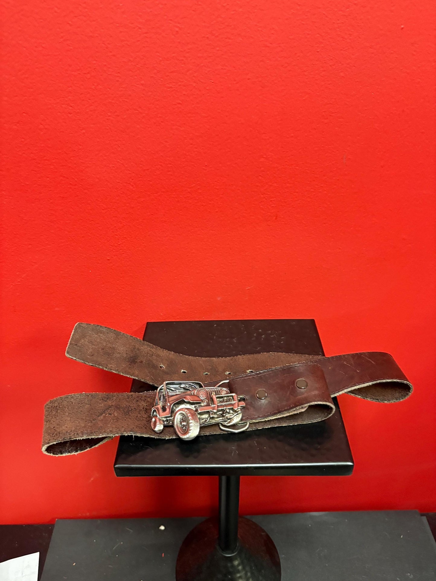 Very cool American Jeep 3 inch belt buckle in heavy metal with approximately 40 inch long vintage leather belt