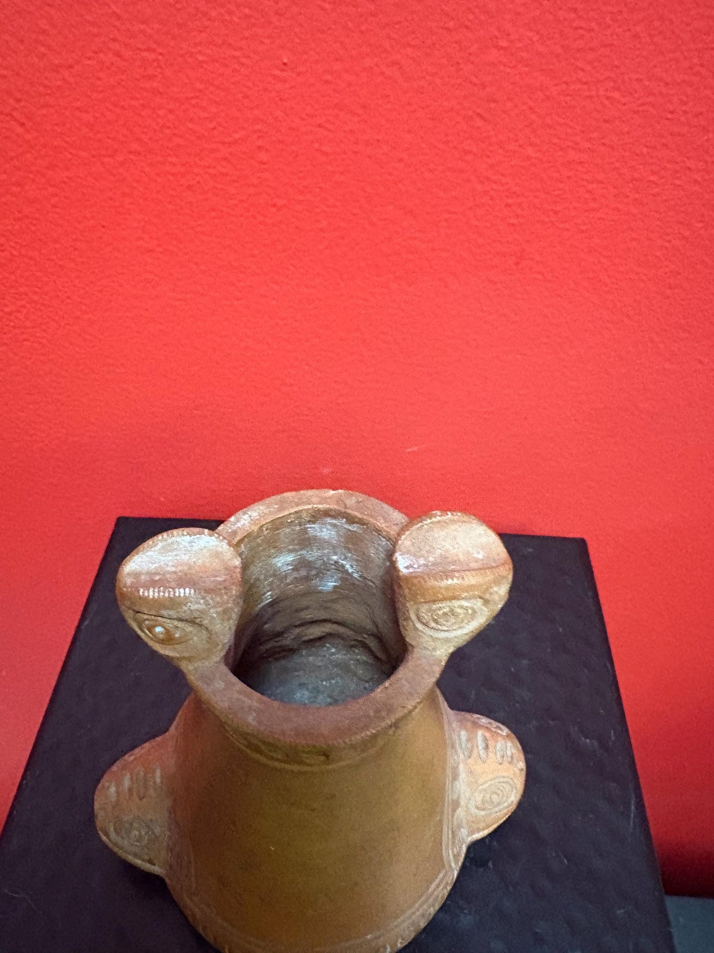 6 inch cool columbian clay ashtray pot  great imagery  older piece  no provenance  great price