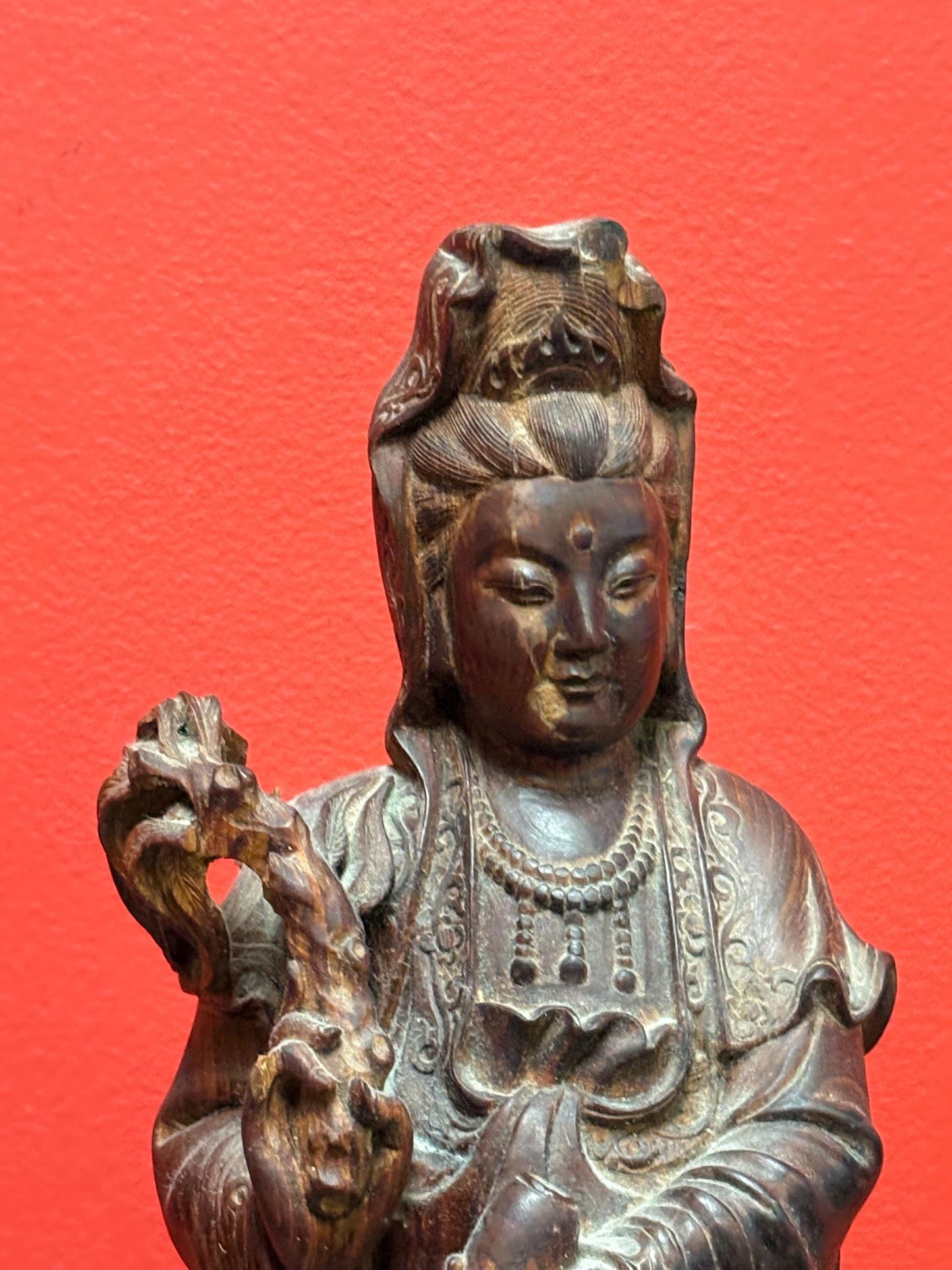 Magnificent Chinese Rosewood well detailed statue of QUAN YIN  heavy and 15 inches tall a stunner  see photos
