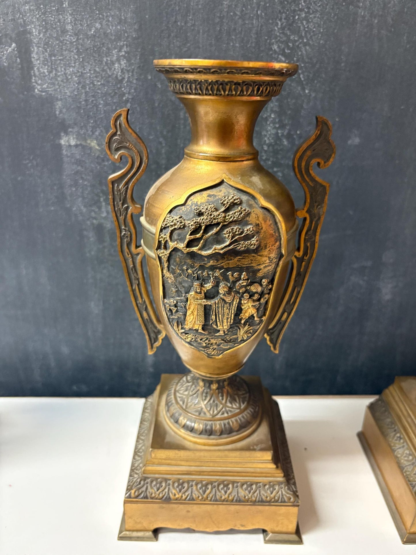 Stunning antique Japanese bronze candle holder urns   magical patina  11 inches high  perfection Meiji period  wow - B