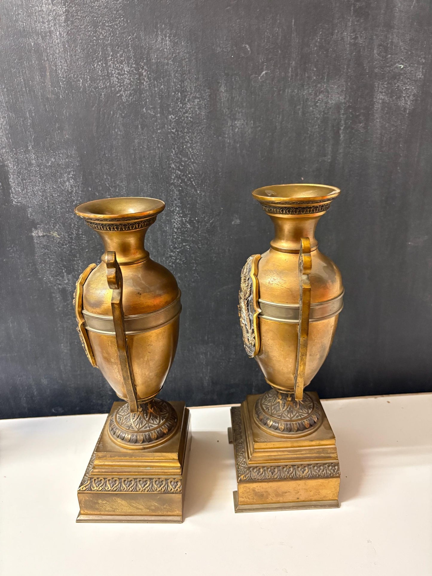 Stunning antique Japanese bronze candle holder urns   magical patina  11 inches high  perfection Meiji period  wow - B