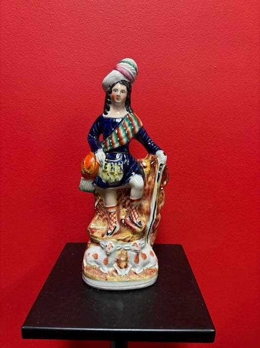 Beautiful  antique 11 inch tall Staffordshire, flat back statue of a soldier with dogs   great condition