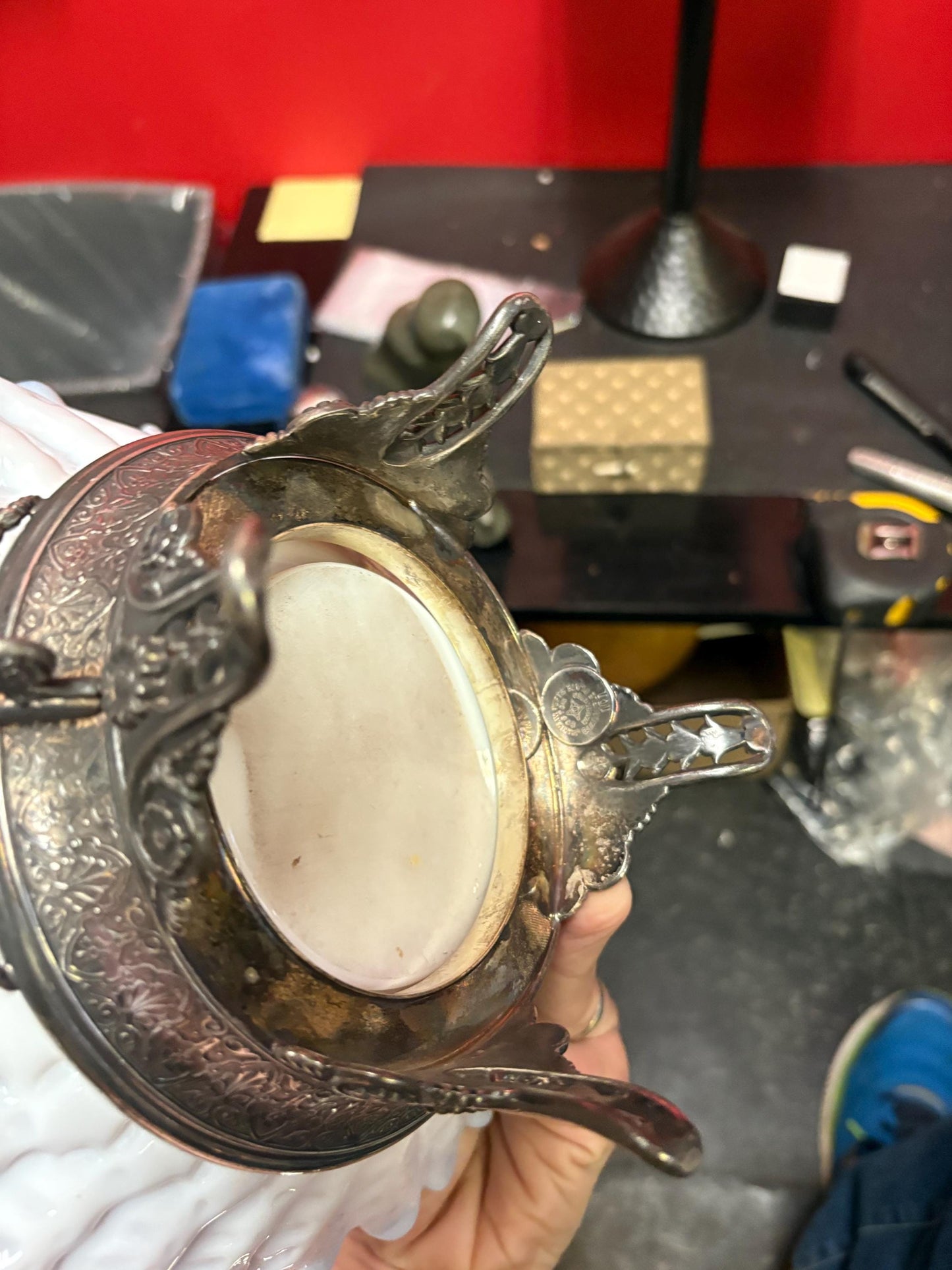 Stunning 15 x 9.5 inch antique American silver plated and glass bridal basket  authentic and mint condition - B