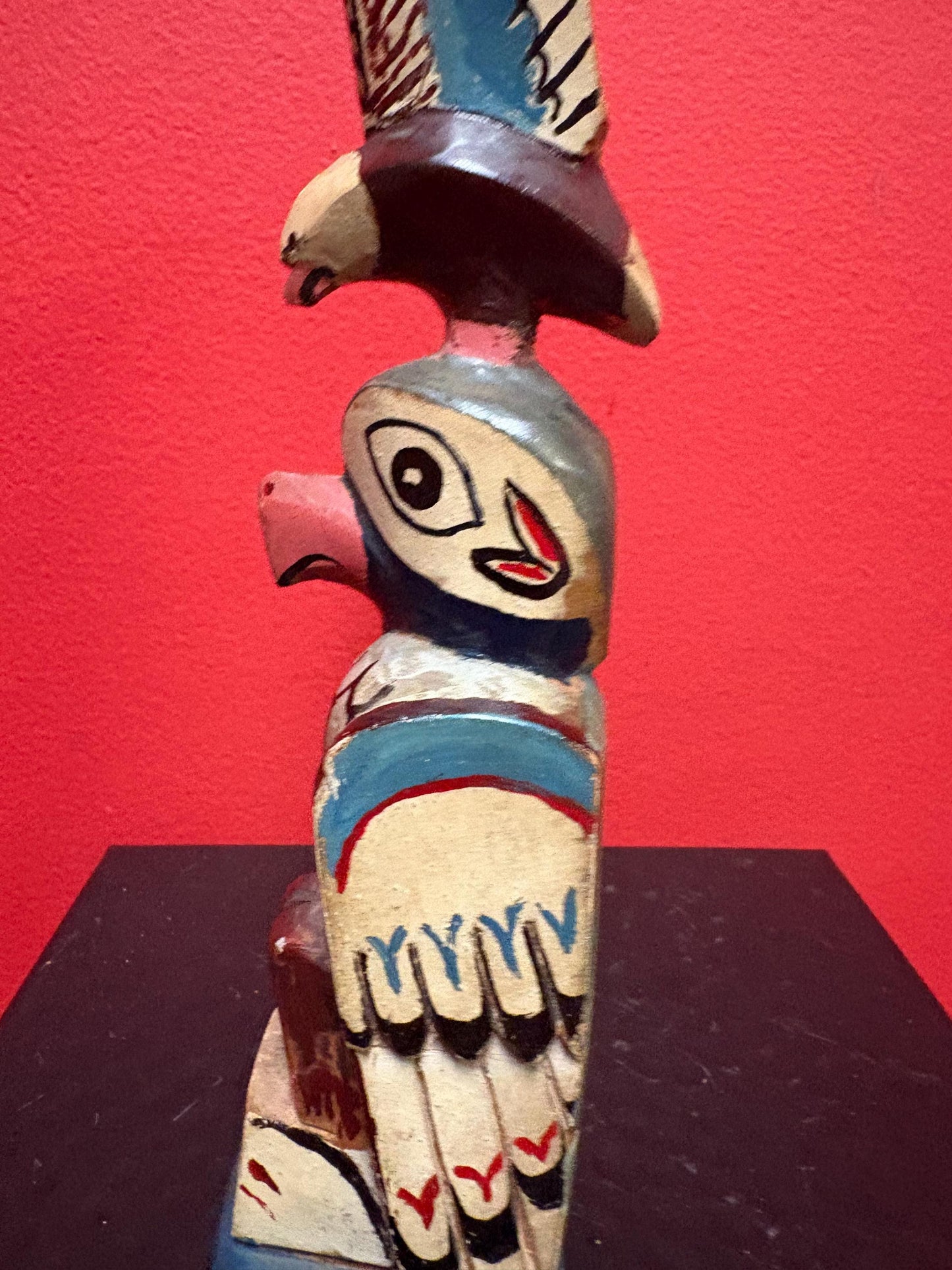Stunning antique 9 inch primitive polychrome first nation Pacific Northwest Coast transformation totem pole  small chip  wow