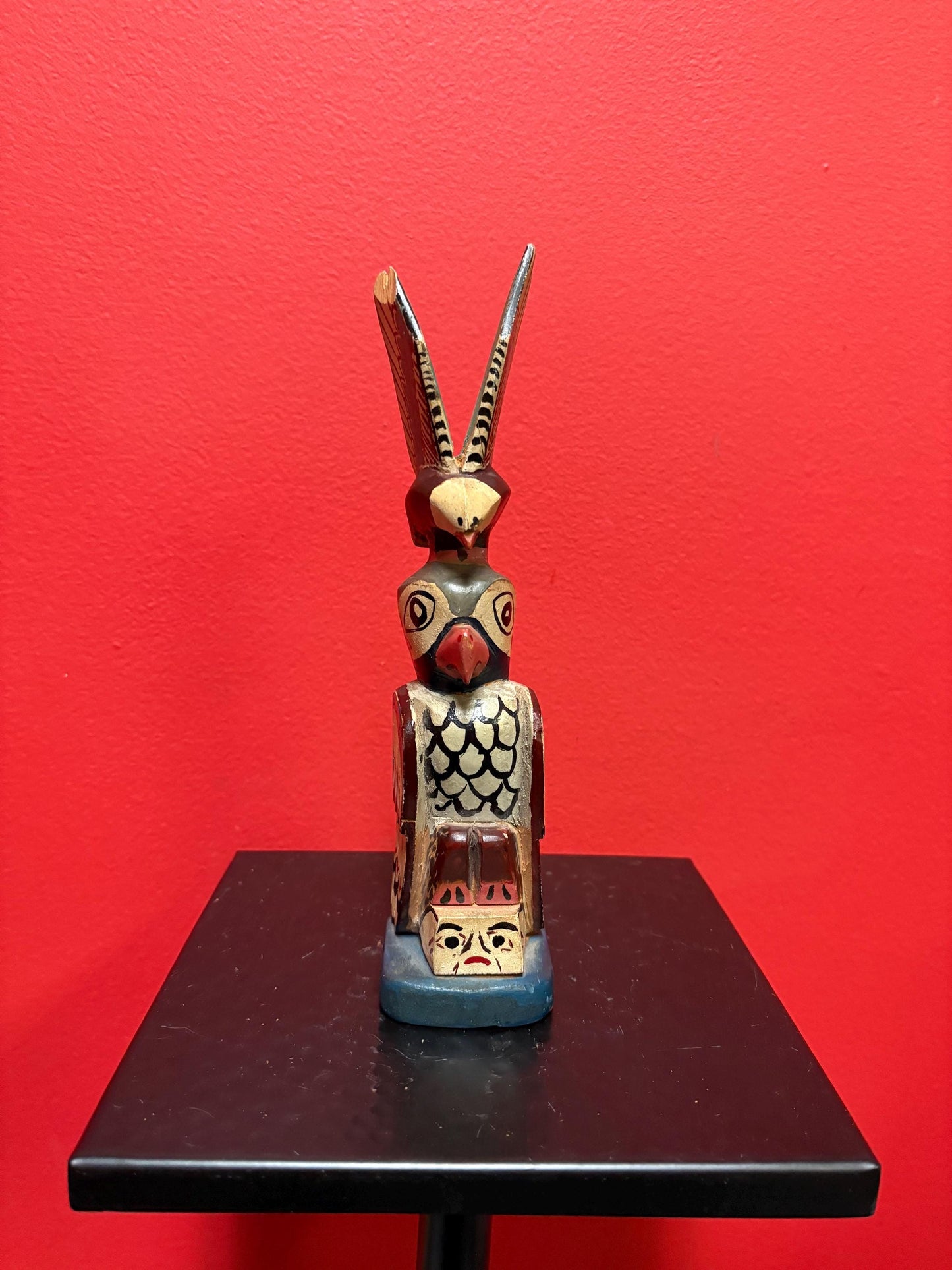 Stunning antique 9 inch primitive polychrome first nation Pacific Northwest Coast transformation totem pole  small chip  wow