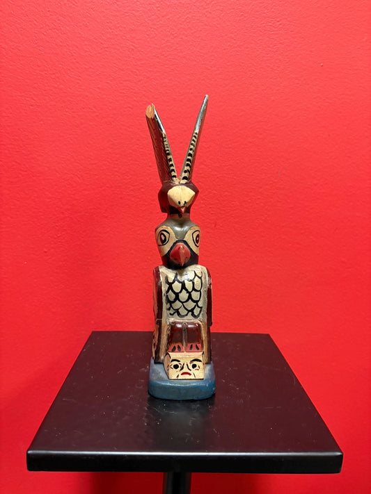 Stunning antique 9 inch primitive polychrome first nation Pacific Northwest Coast transformation totem pole  small chip  wow