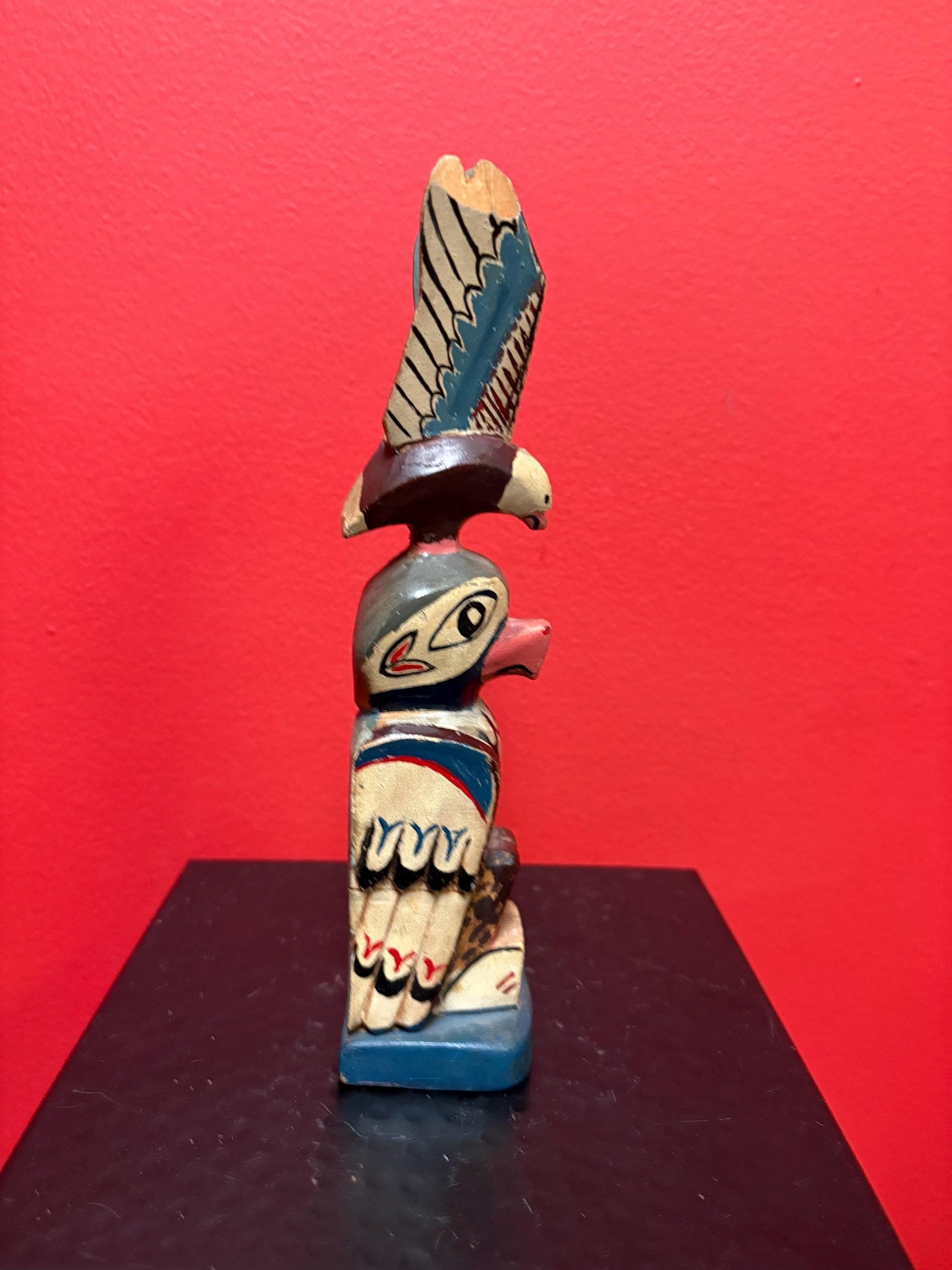 Stunning antique 9 inch primitive polychrome first nation Pacific Northwest Coast transformation totem pole  small chip  wow