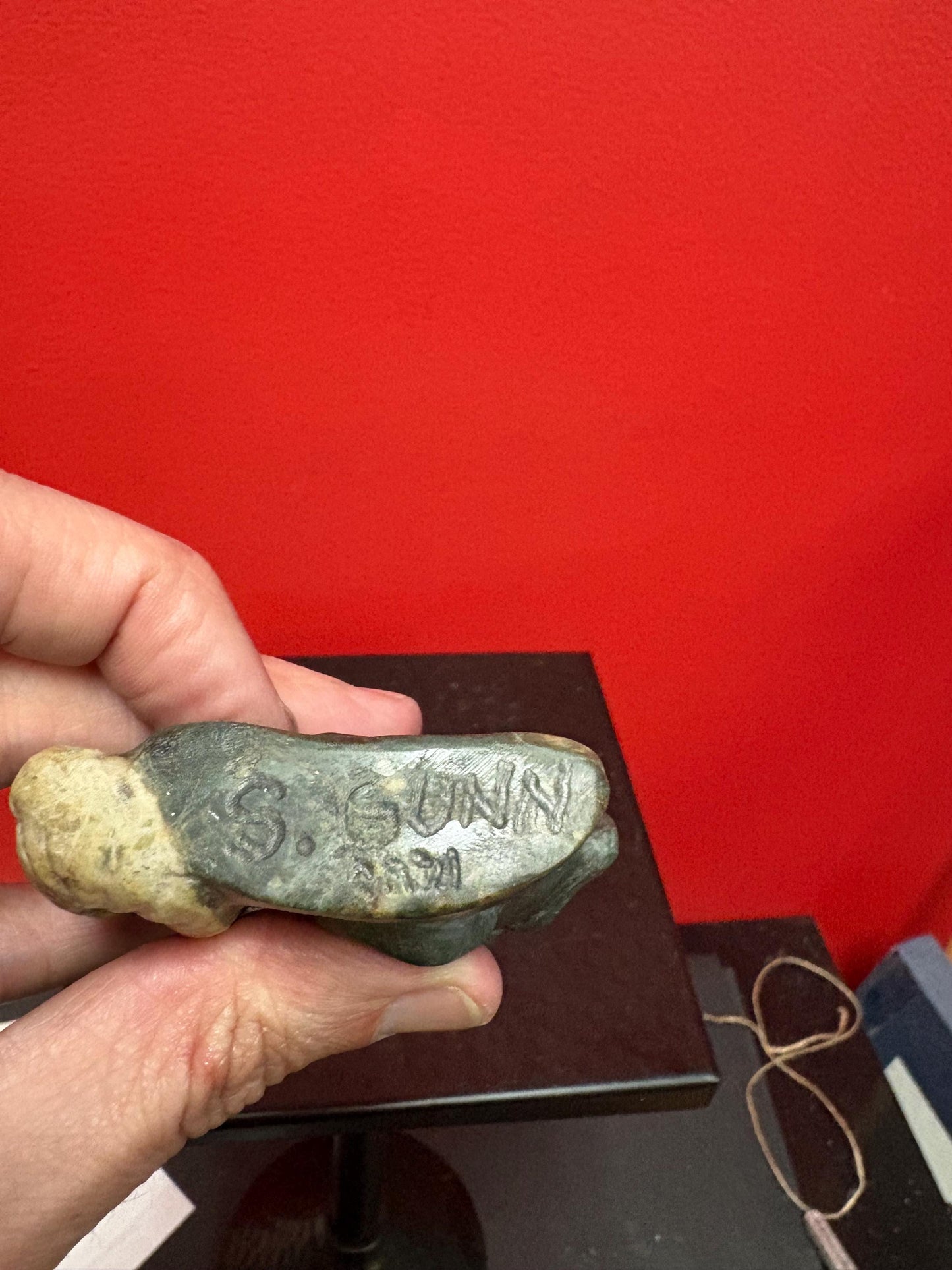 Mutton fat jade and spinach Jade 3 inch carved face  very cool and unusual - signed