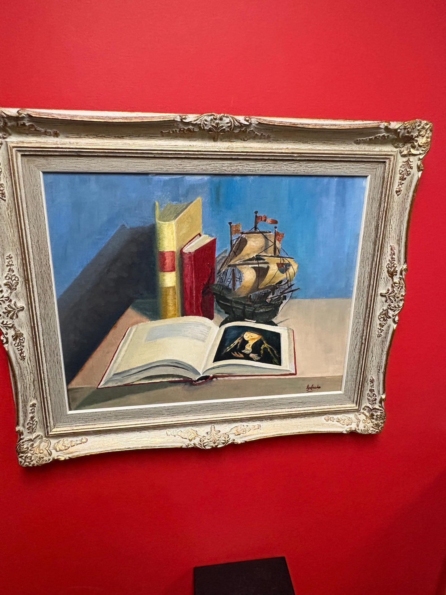 26 x 22 acrylic on board still life painting of Books and ship  signed and approx 1950s  wonderful frame  great imagery cabin or office