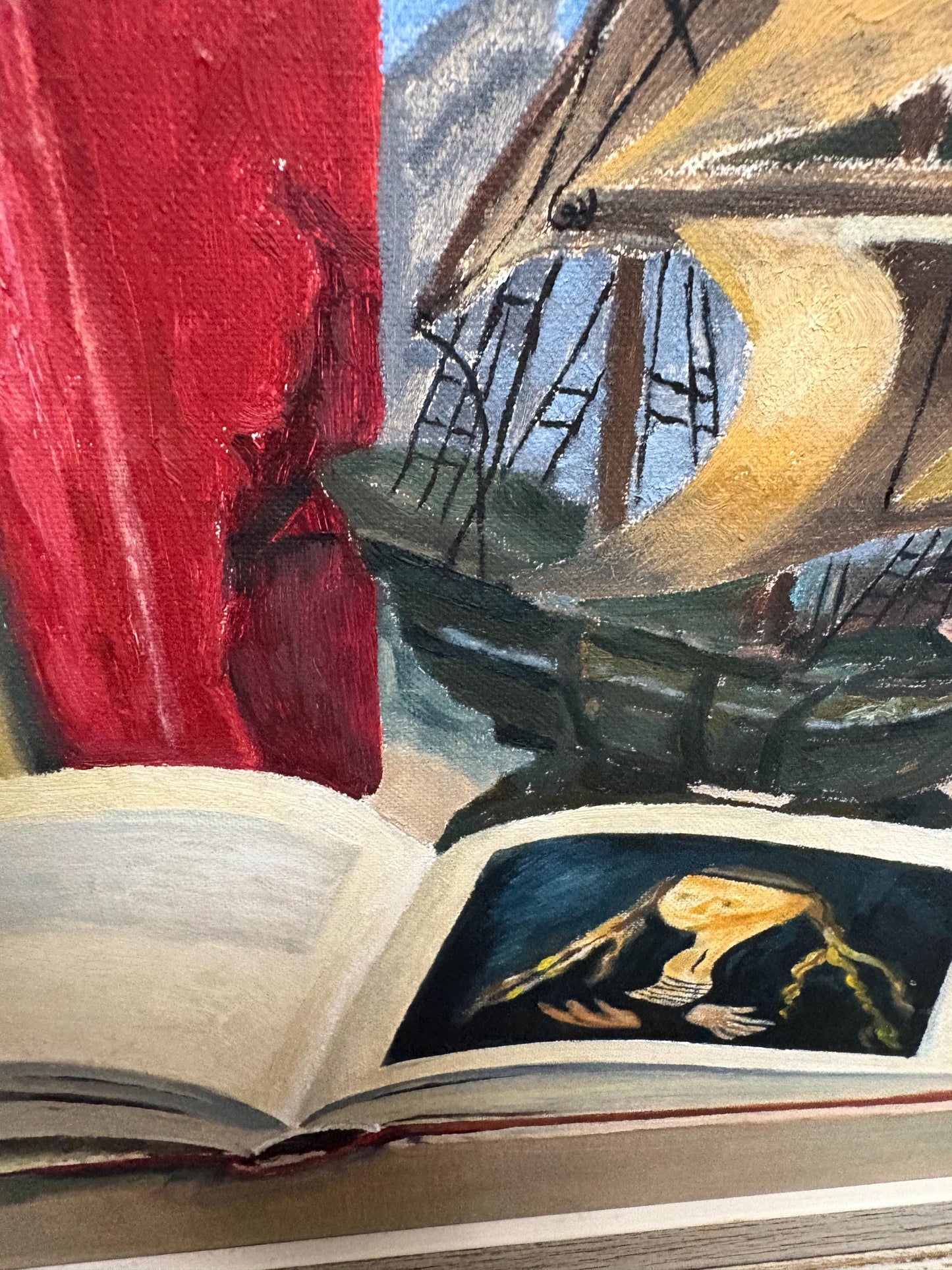 26 x 22 acrylic on board still life painting of Books and ship  signed and approx 1950s  wonderful frame  great imagery cabin or office