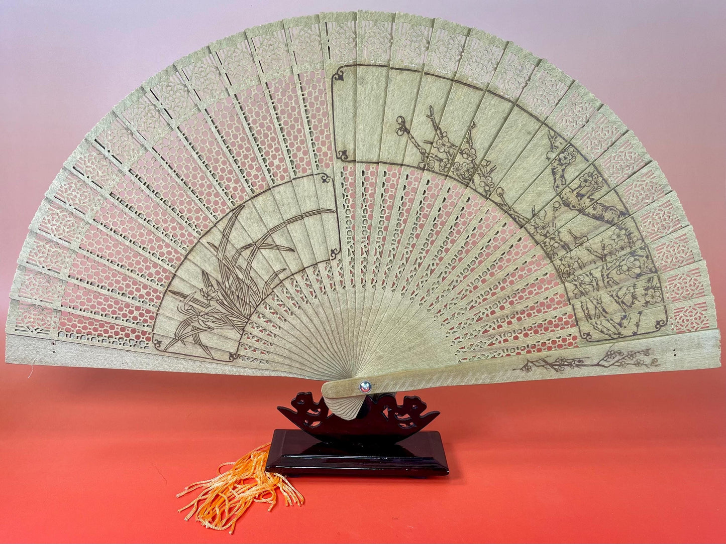 Stunning Wooden Chinese Fan with Stand  Box included