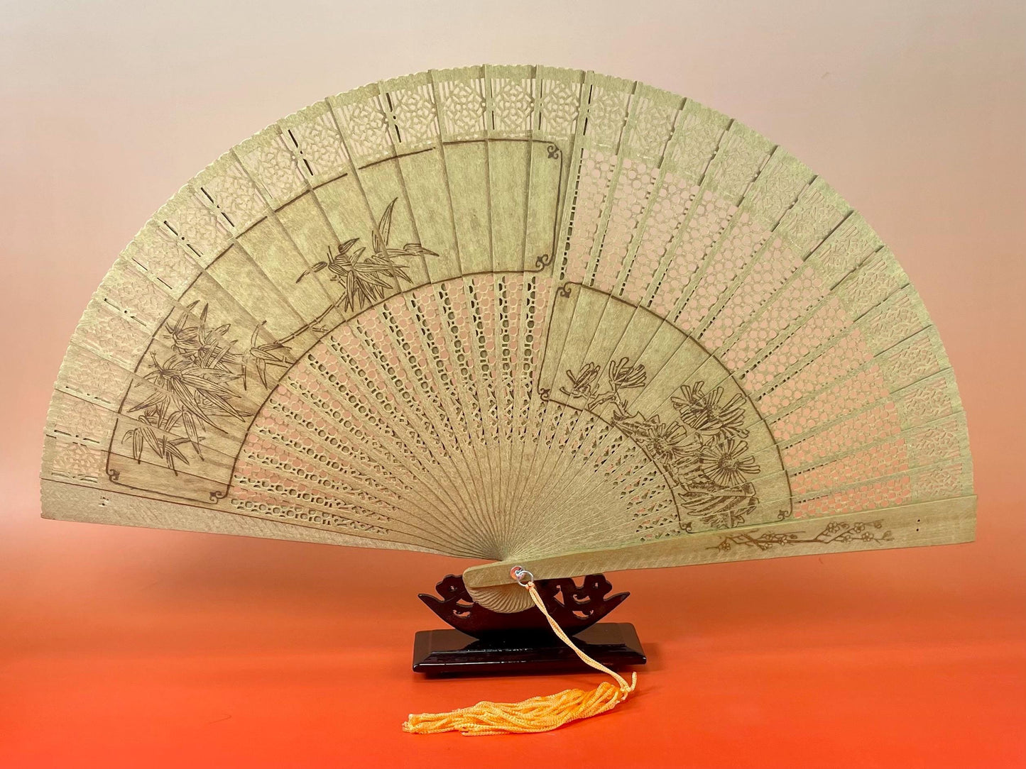 Stunning Wooden Chinese Fan with Stand  Box included