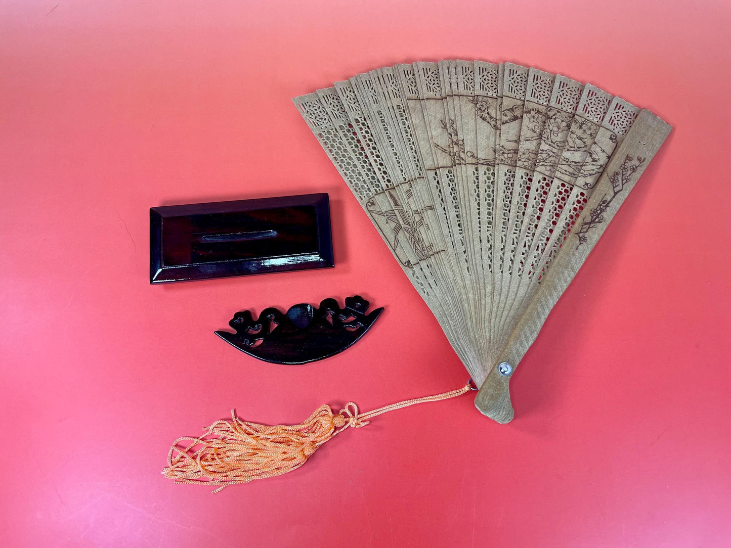 Stunning Wooden Chinese Fan with Stand  Box included