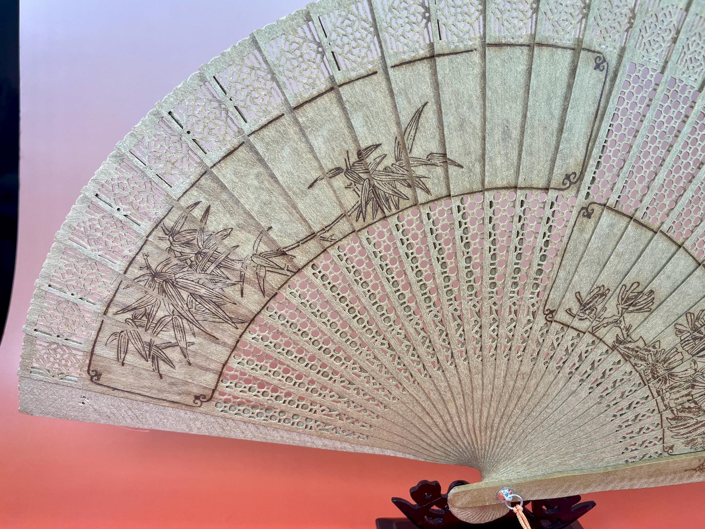 Stunning Wooden Chinese Fan with Stand  Box included