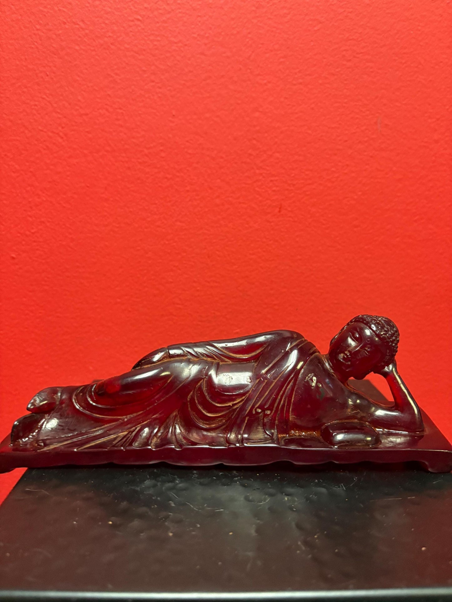 Stunning antique Chinese cherry red amber reclining Buddha - 8 x 3 high wonderful quality and condition  real deal