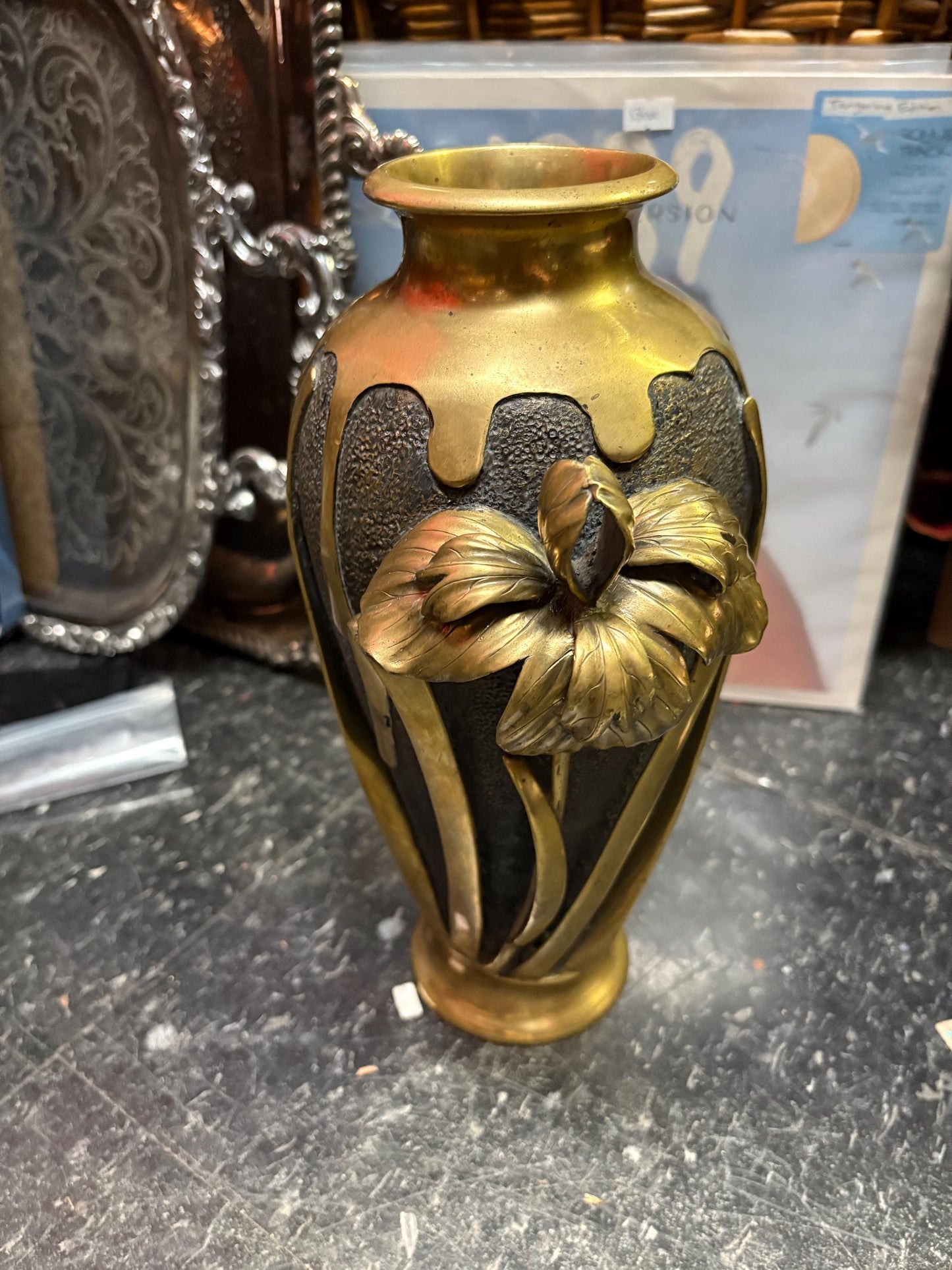 Glorious 19 century Japanese meji bronze and brass vase  signed with beautiful irises  top quality and heavy - 12 inches high