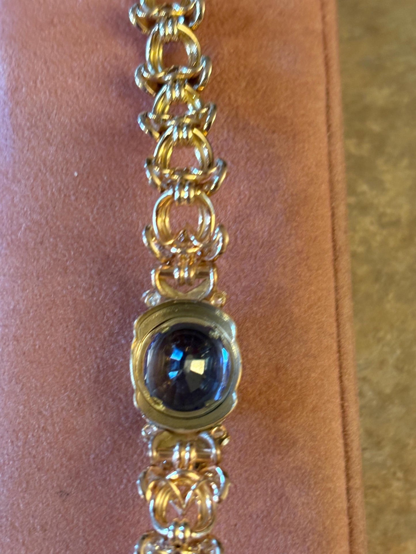 7 inch long heavy antique authentic 18k gold and diamond bracelet with precious blue stone  stunning piece - B