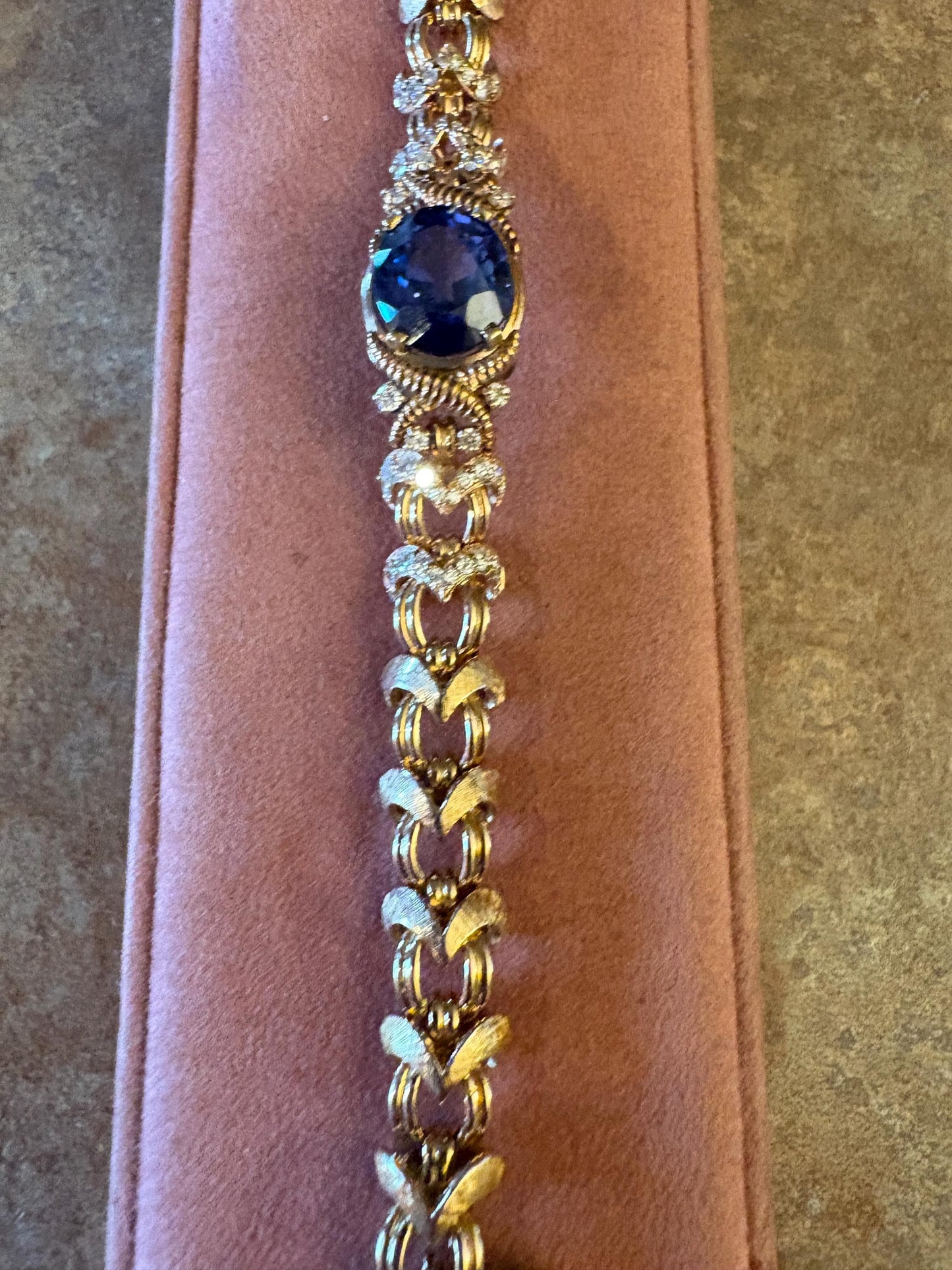 7 inch long heavy antique authentic 18k gold and diamond bracelet with precious blue stone  stunning piece - B