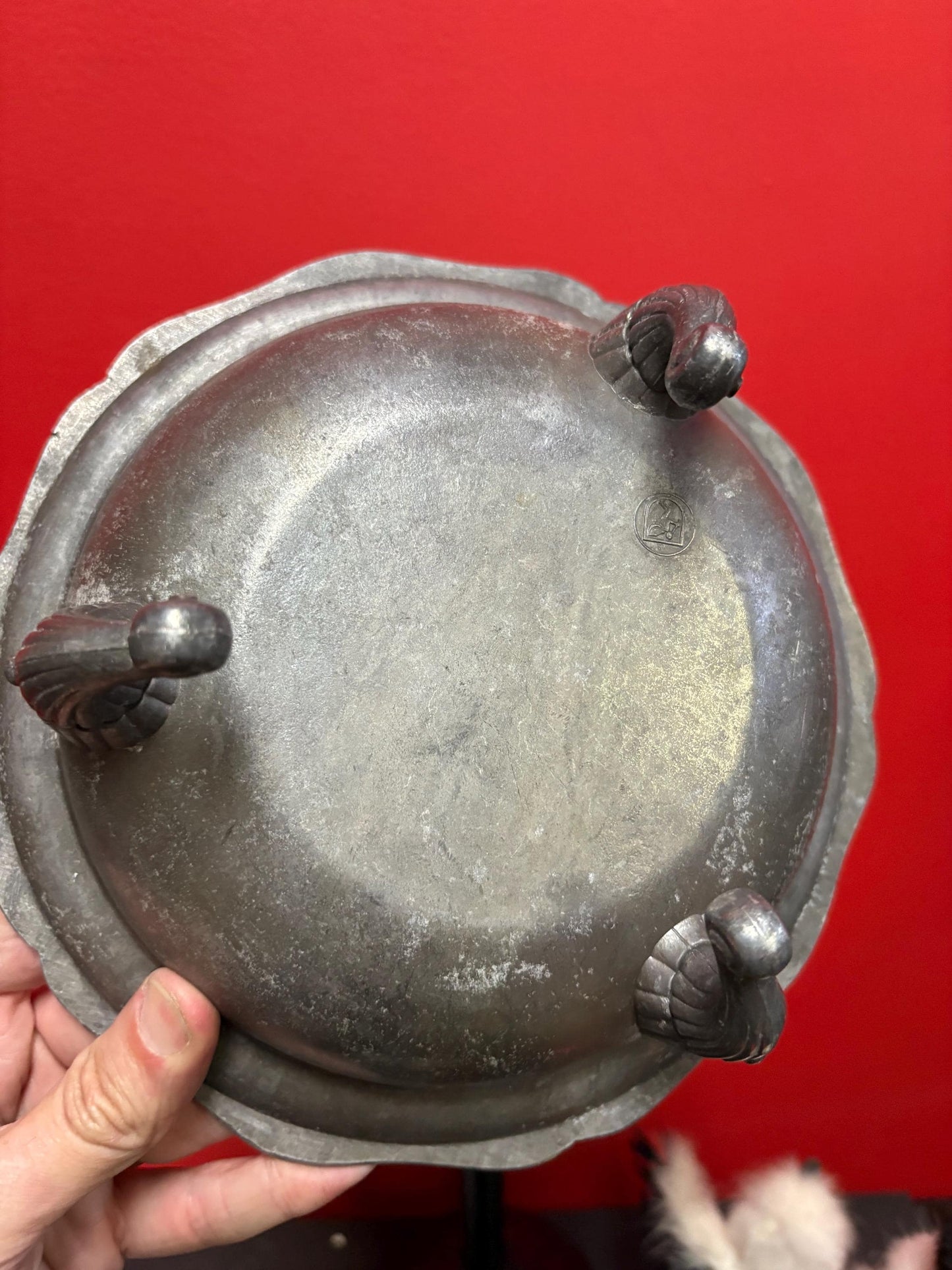 Beautiful antique English pewter bowl  good used condition and 9 x 4 high  really wonderful design