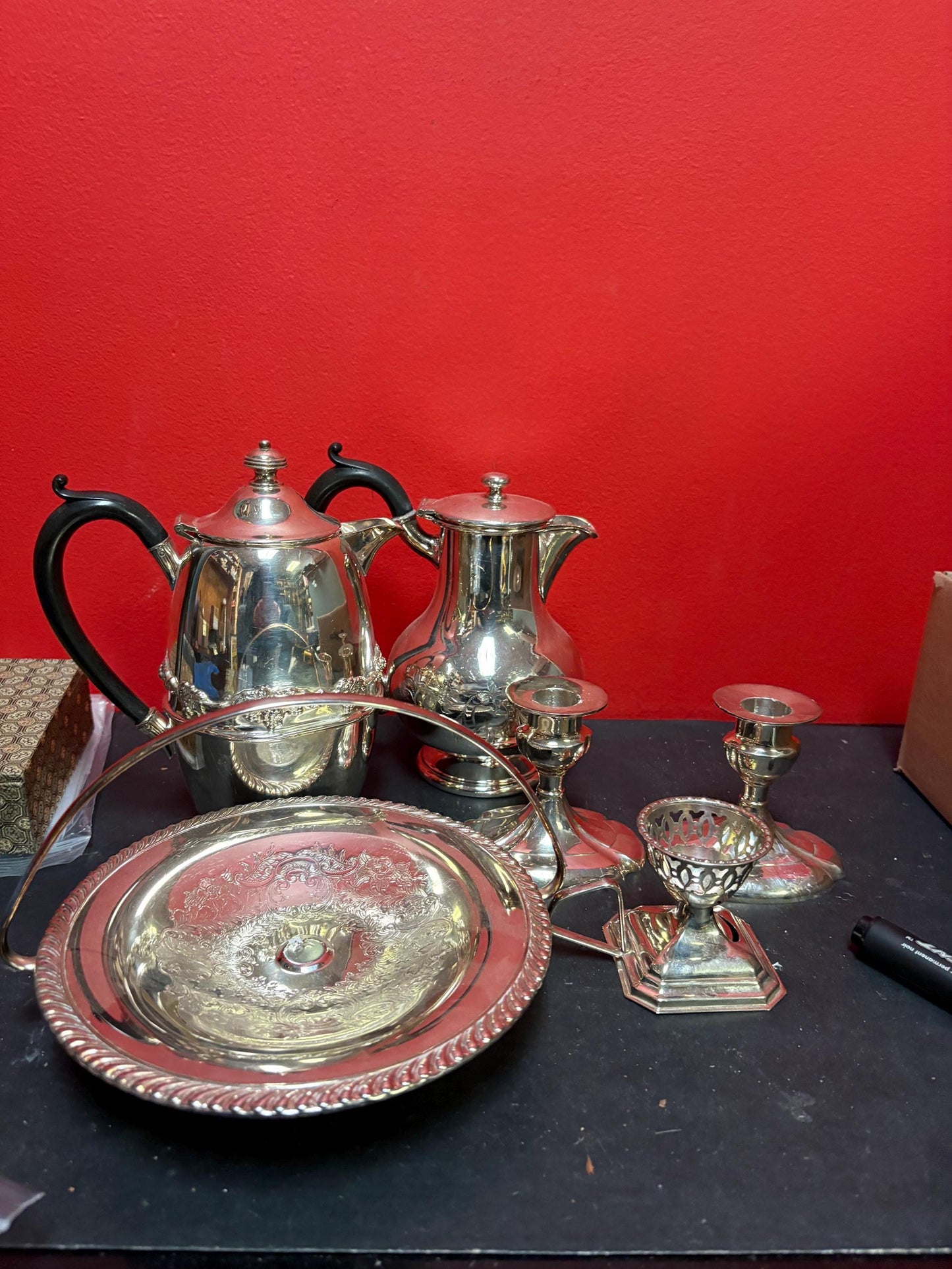 Large lot of English antique silver plated  egg cup, hot water pots candlesticks etc.  great gifts or  to use  value priced