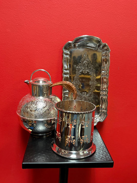 Lovely lot of silver plate  antique polished  spoon holder, hot water, jug, and small tray  perfect gifts or to use