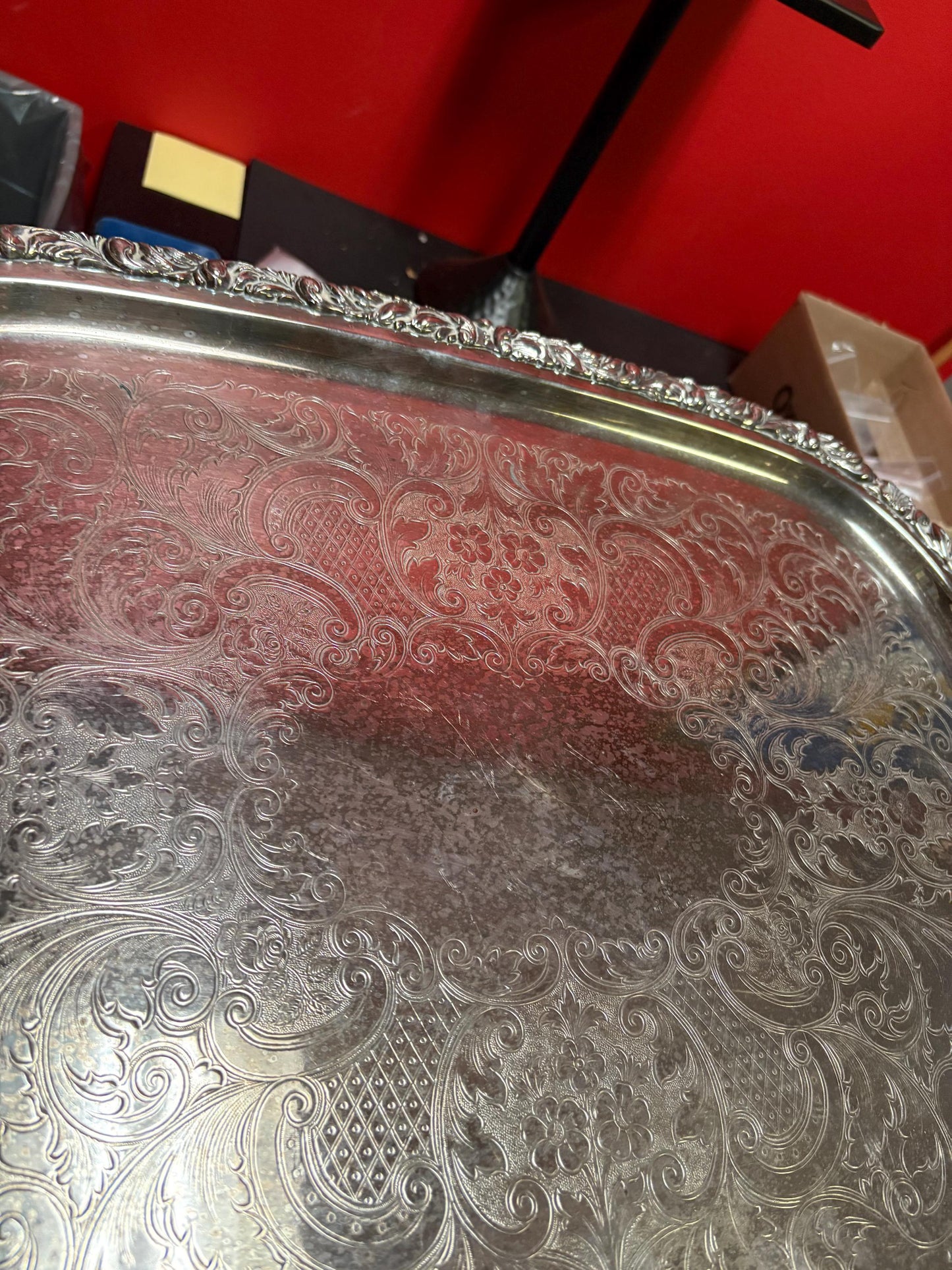 Fabulous 26 x 16 antique silver plated tray with lovely handles  great condition  needs a light polish  wow