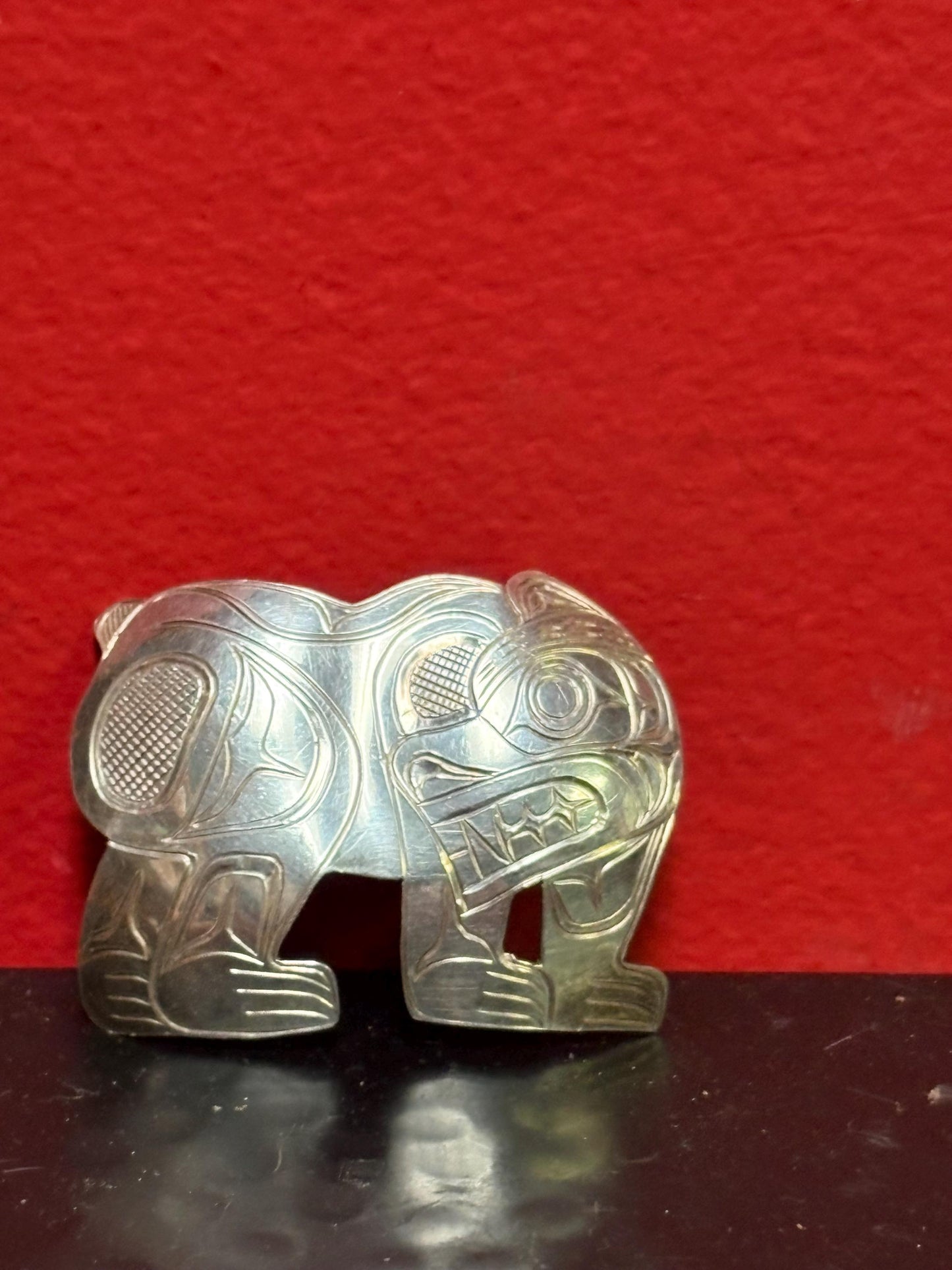 Stunning one-of-a-kind indigenous first nations Pacific Northwest Coast Sterling 2 inch bear brooch - signed  wear it or gift it