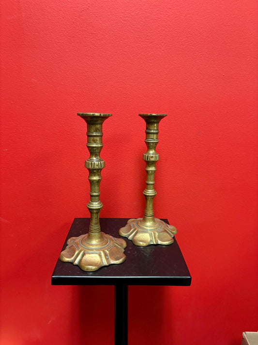 Pair of beautiful brass Georgian candlesticks  18 century with beautiful design  rare  10 inches high - B
