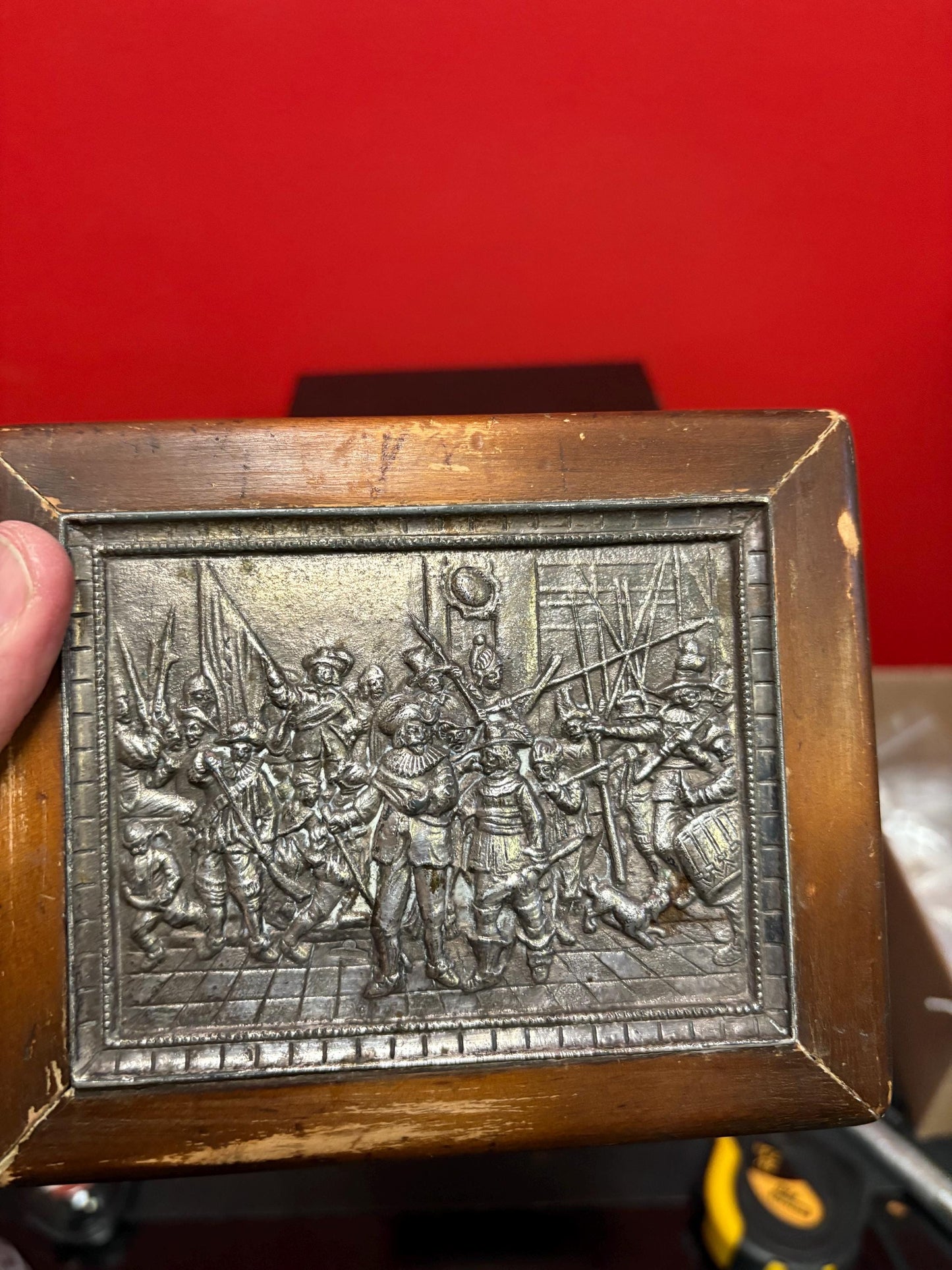 Antique European 800 silver and wood box  Three Musketeers style scene-  not perfect condition, but beautiful - 6 x 5 x 2 high