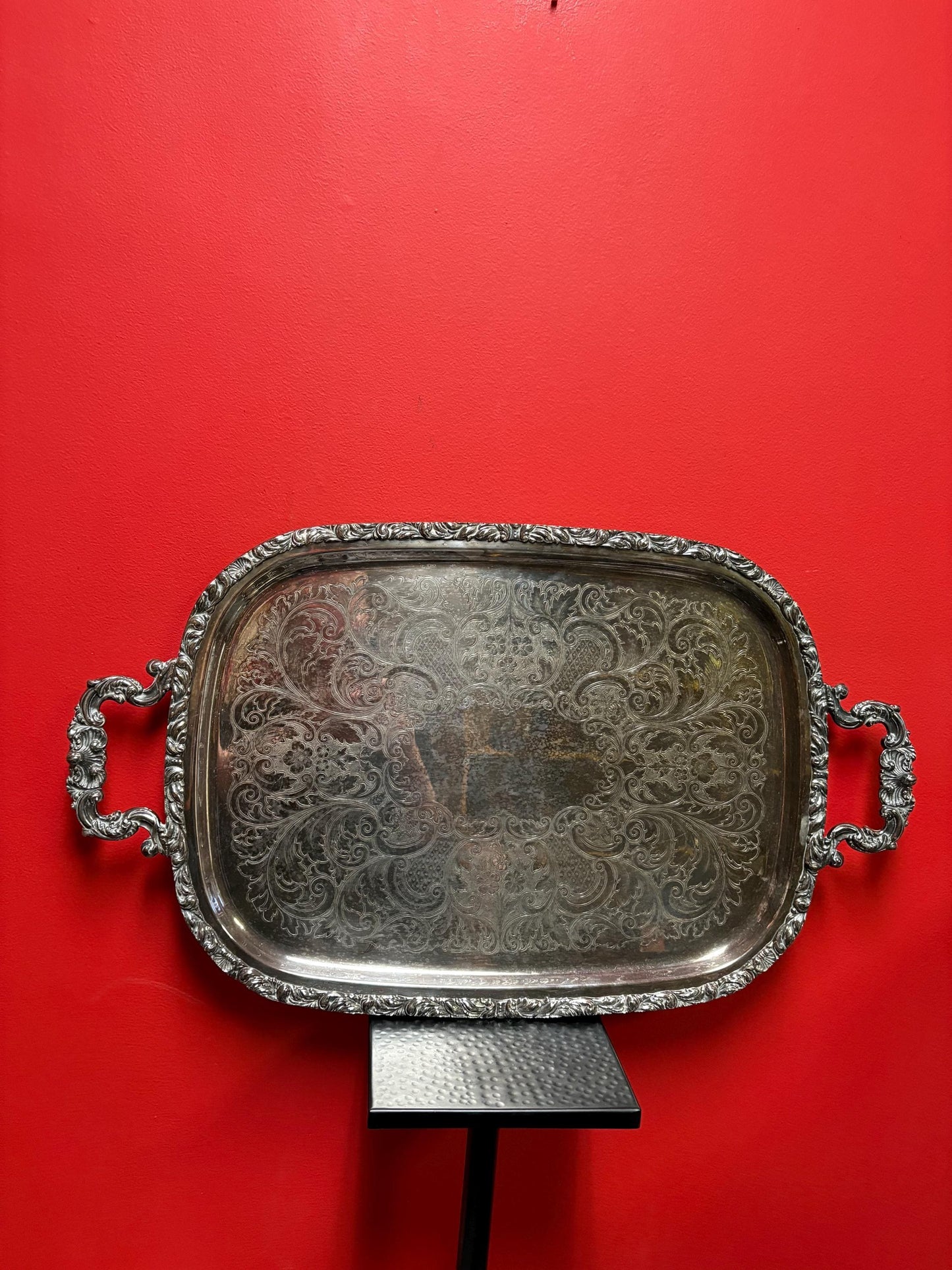 Fabulous 26 x 16 antique silver plated tray with lovely handles  great condition  needs a light polish  wow