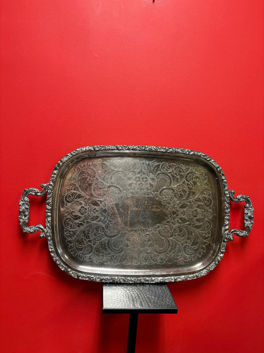 Fabulous 26 x 16 antique silver plated tray with lovely handles  great condition  needs a light polish  wow