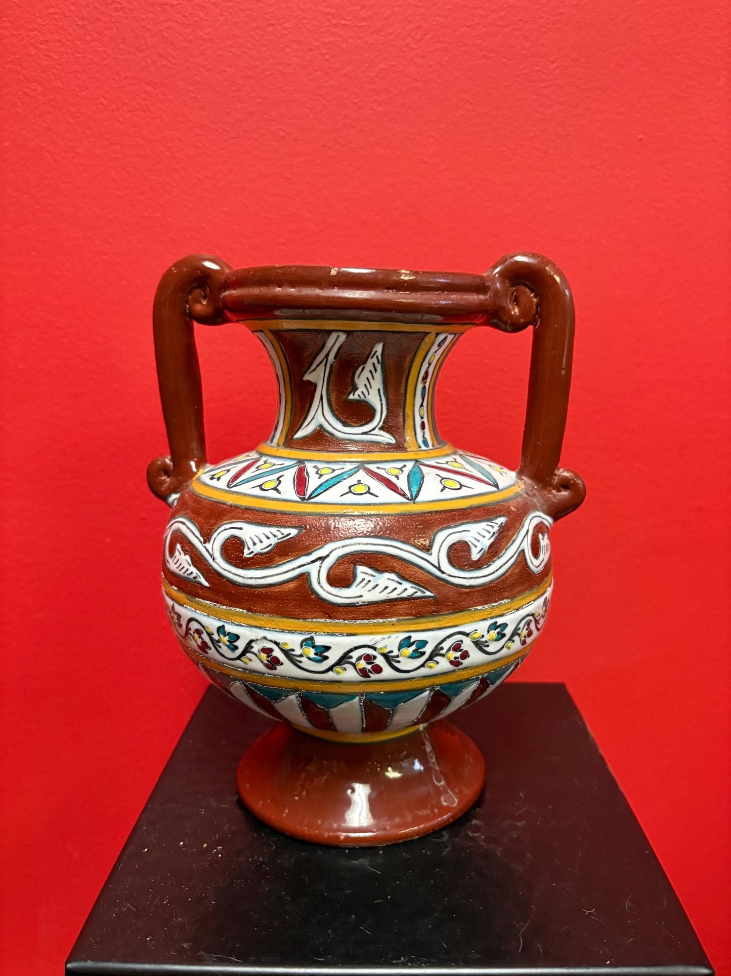 Beautiful African pottery vase  8.5 inches tall  bought in Africa in 1965  one chip  great shape and colours