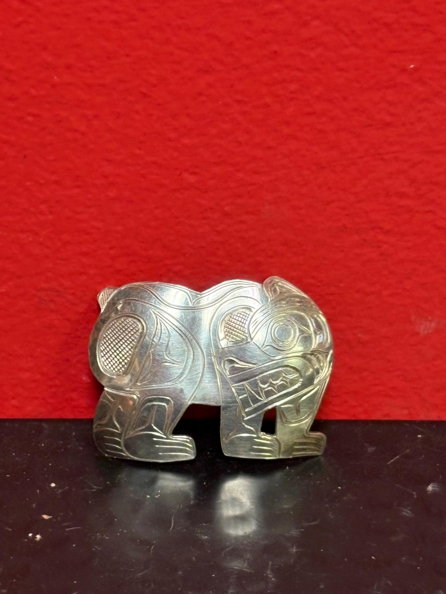 Stunning one-of-a-kind indigenous first nations Pacific Northwest Coast Sterling 2 inch bear brooch - signed  wear it or gift it